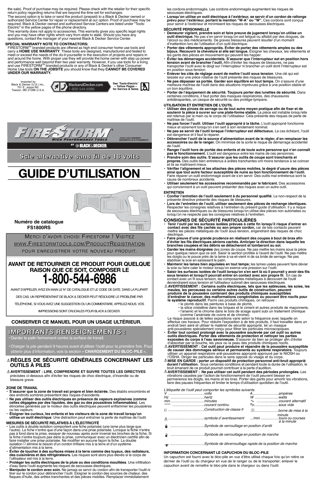 Black & Decker 90503808, FS1800RS instruction manual Importants Renseignements, Consignes DE Sécurité Particulières 