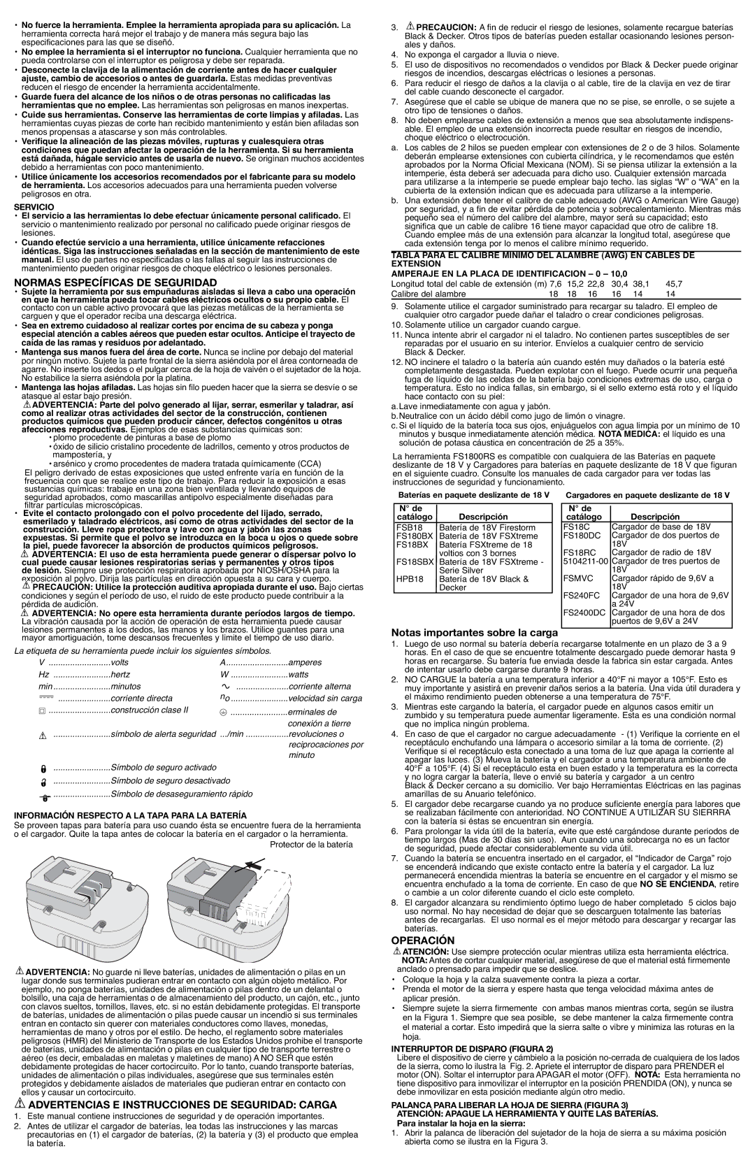 Black & Decker FS1800RS, 90503808 Normas Específicas DE Seguridad, Notas importantes sobre la carga, Operación 