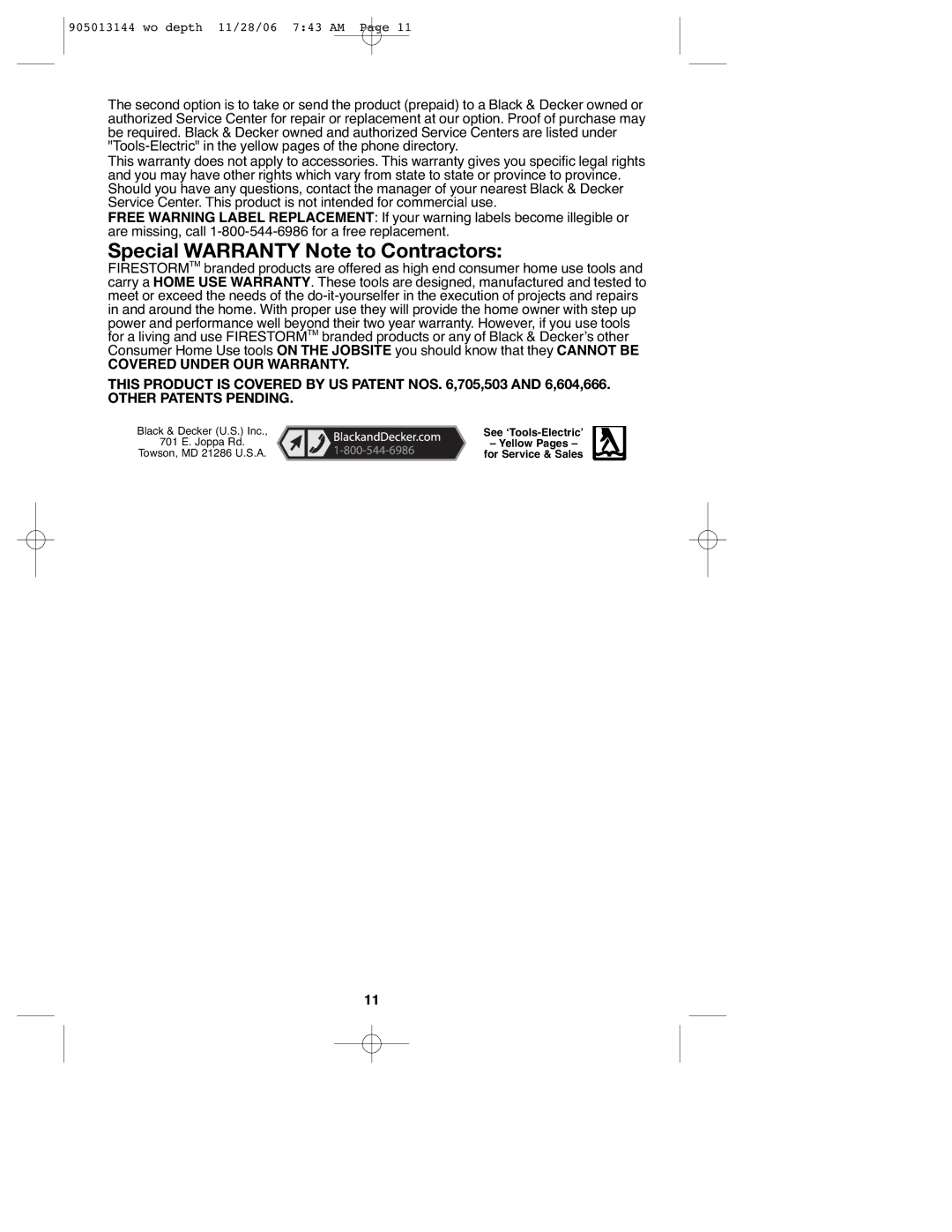 Black & Decker FS1202BN, FS1802BN instruction manual Special Warranty Note to Contractors 