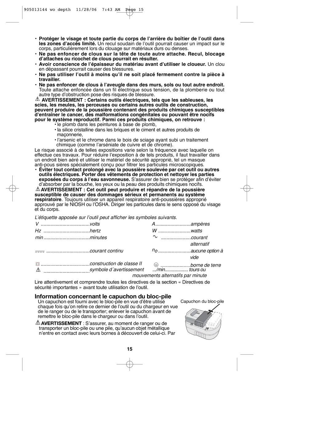 Black & Decker FS1202BN, FS1802BN instruction manual Information concernant le capuchon du bloc-pile 