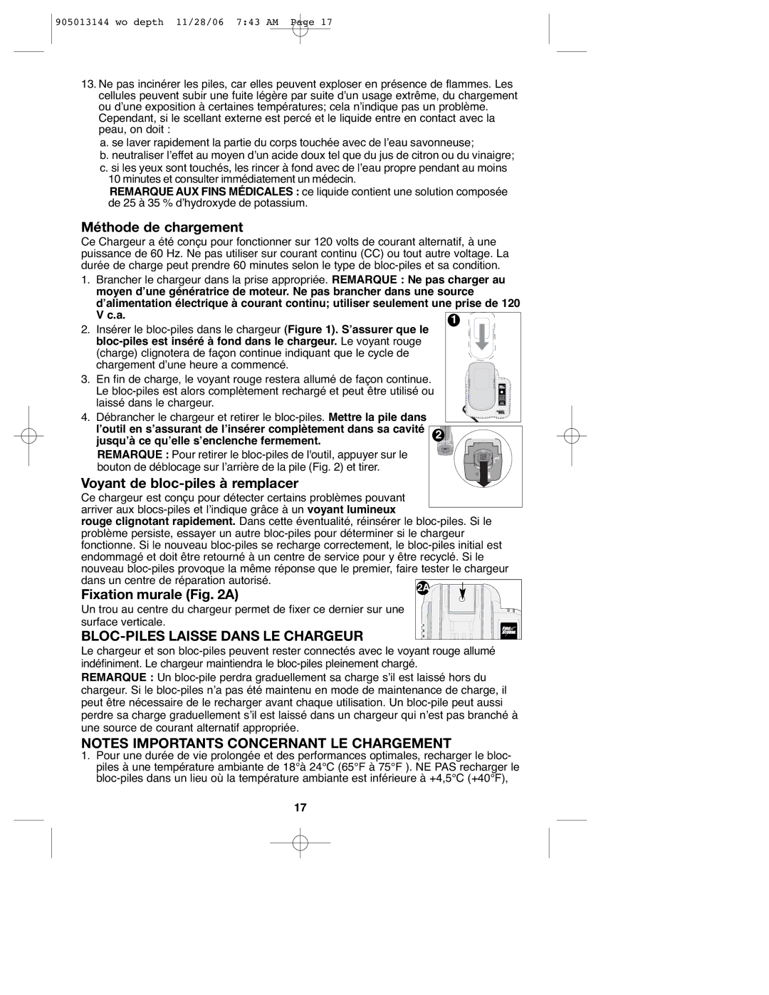 Black & Decker FS1202BN, FS1802BN Méthode de chargement, Voyant de bloc-piles à remplacer, Fixation murale a 