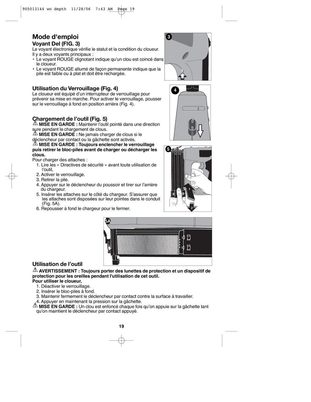 Black & Decker FS1202BN, FS1802BN Mode demploi, Voyant Del FIG, Utilisation du Verrouillage Fig, Chargement de l’outil Fig 