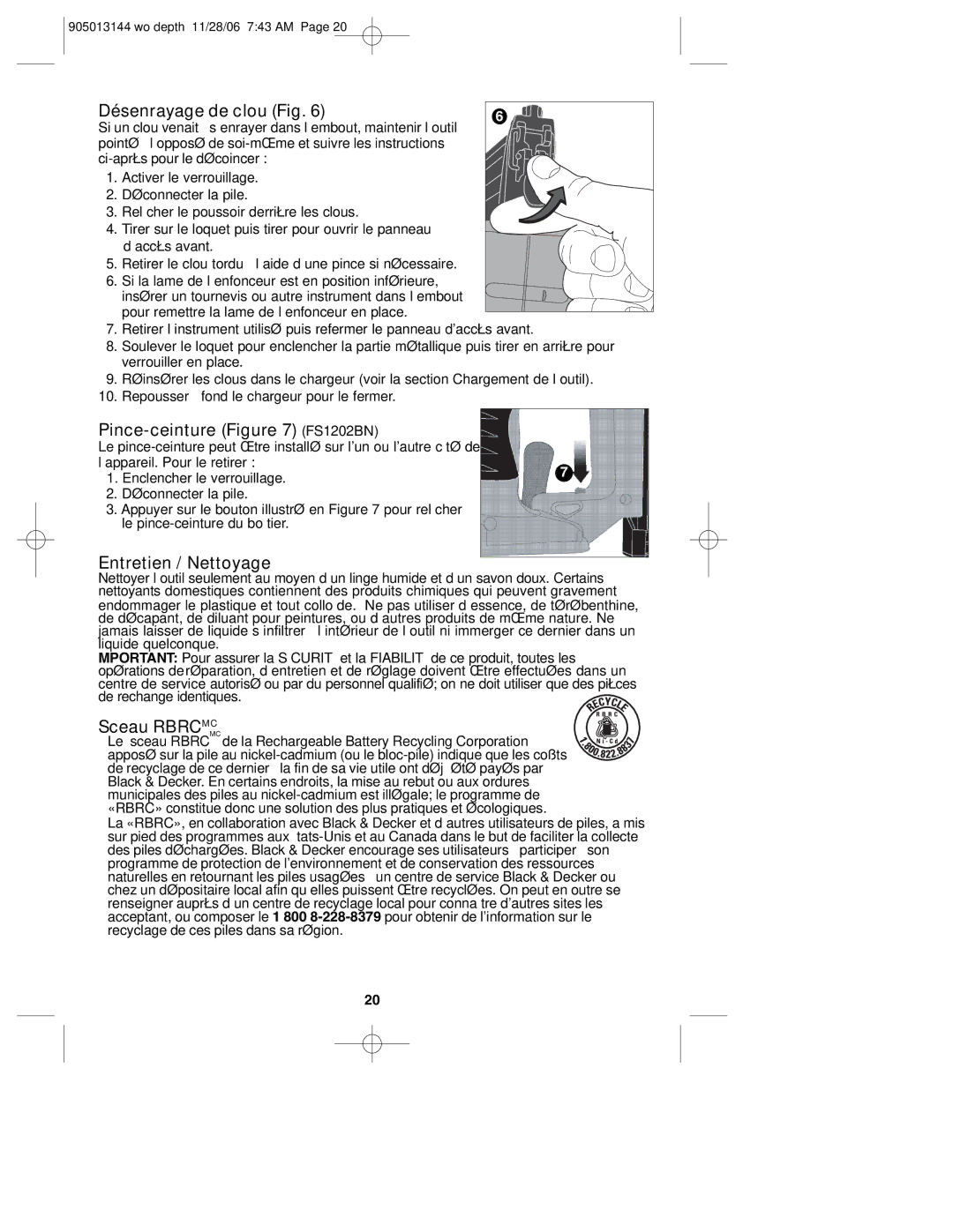 Black & Decker FS1802BN instruction manual Désenrayage de clou Fig, Pince-ceinture FS1202BN, Entretien / Nettoyage 
