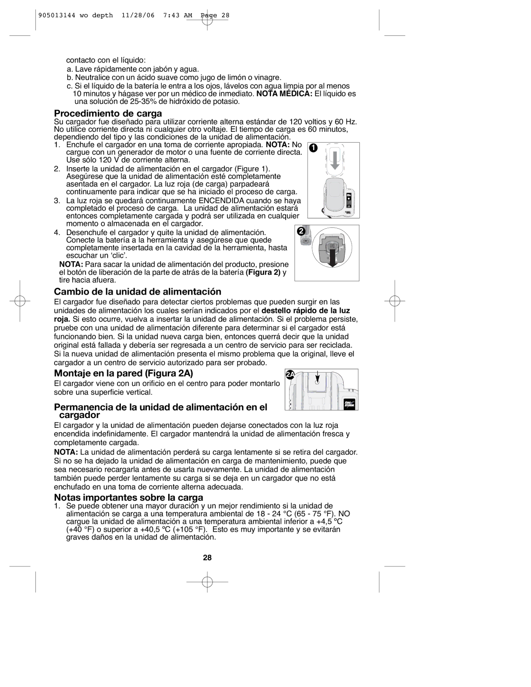 Black & Decker FS1802BN Procedimiento de carga, Cambio de la unidad de alimentación, Montaje en la pared Figura 2A 