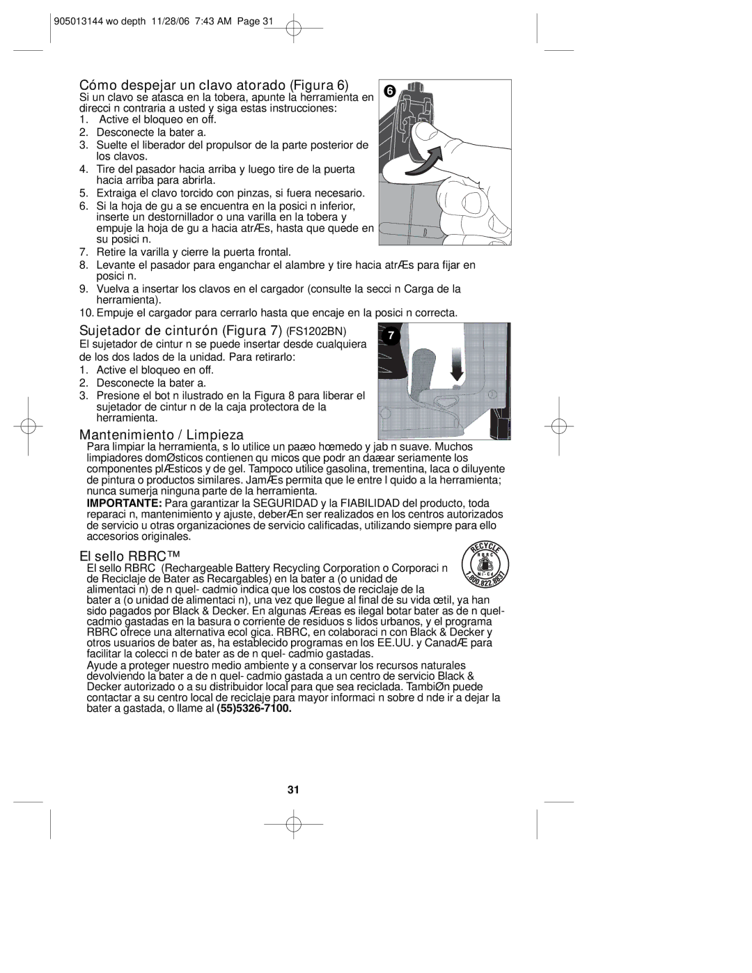 Black & Decker Cómo despejar un clavo atorado Figura, Sujetador de cinturón Figura 7 FS1202BN, Mantenimiento / Limpieza 