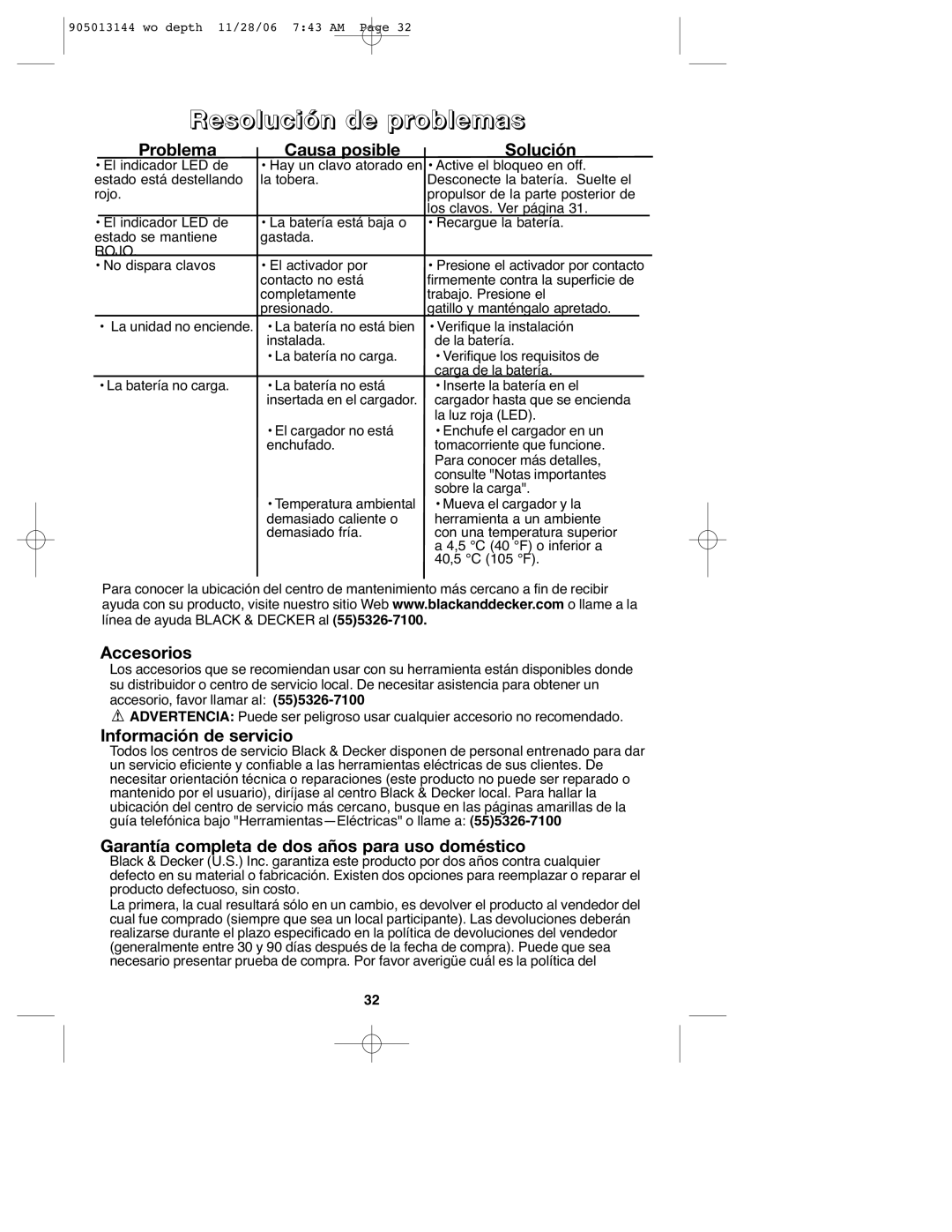 Black & Decker FS1802BN, FS1202BN instruction manual Problema Causa posible Solución, Accesorios, Información de servicio 