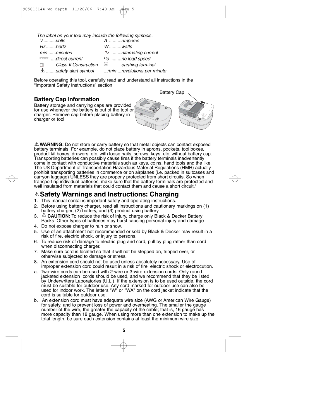 Black & Decker FS1202BN, FS1802BN instruction manual Safety Warnings and Instructions Charging, Battery Cap Information 