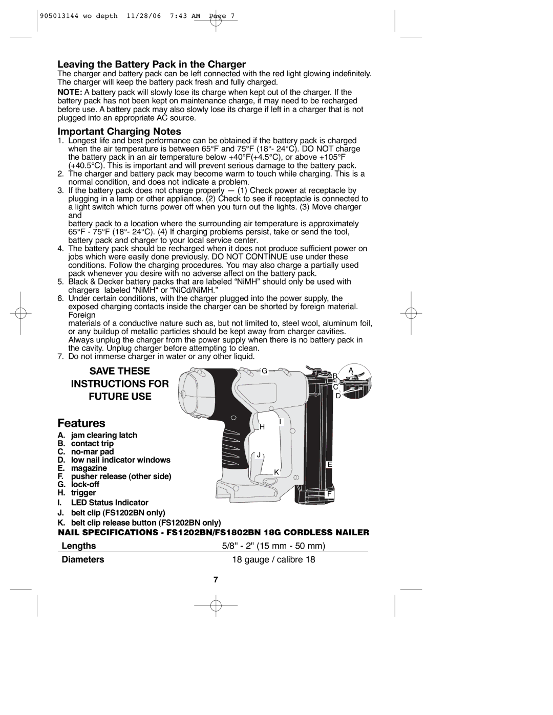 Black & Decker FS1202BN, FS1802BN Features, Leaving the Battery Pack in the Charger, Important Charging Notes 