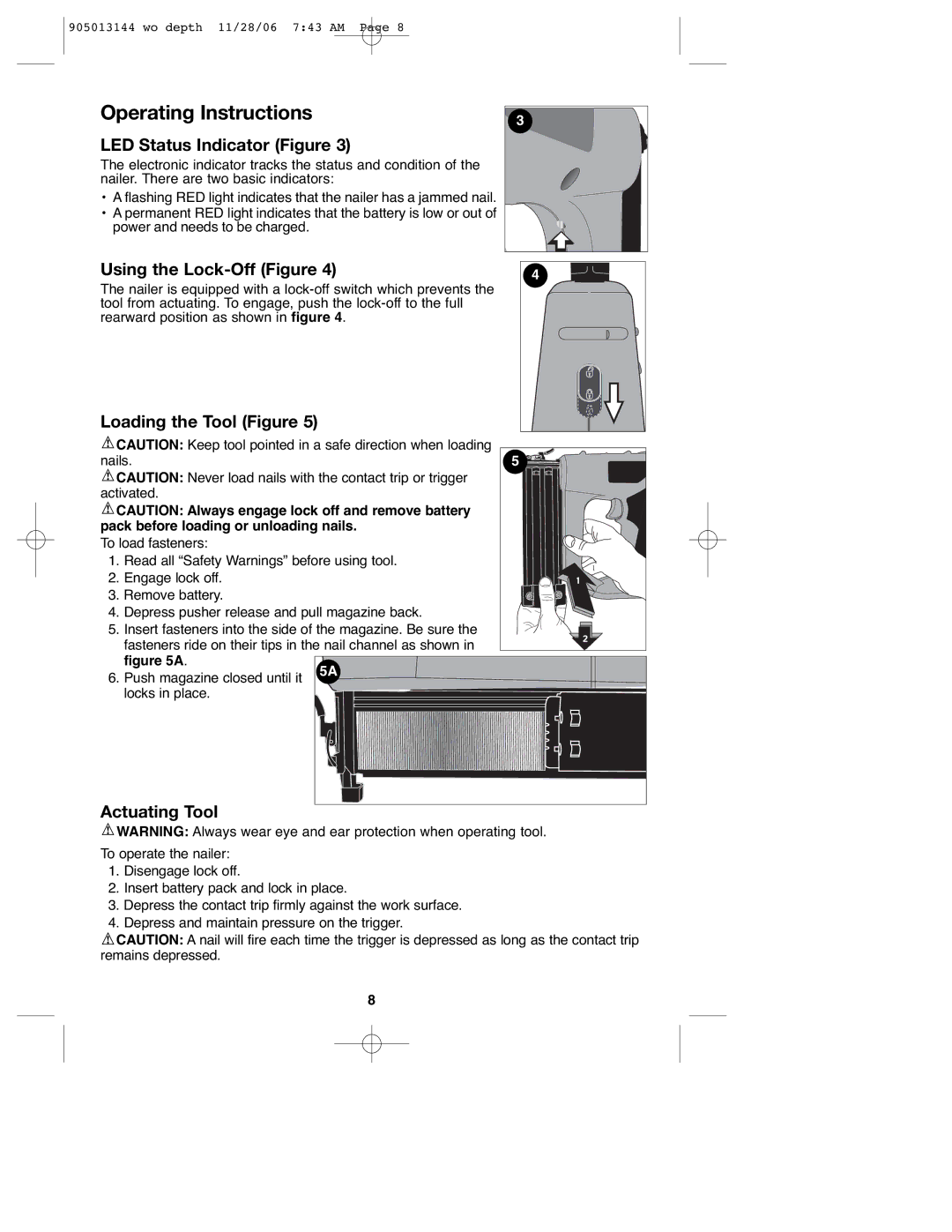 Black & Decker FS1802BN Operating Instructions, LED Status Indicator Figure, Using the Lock-Off Figure, Actuating Tool 