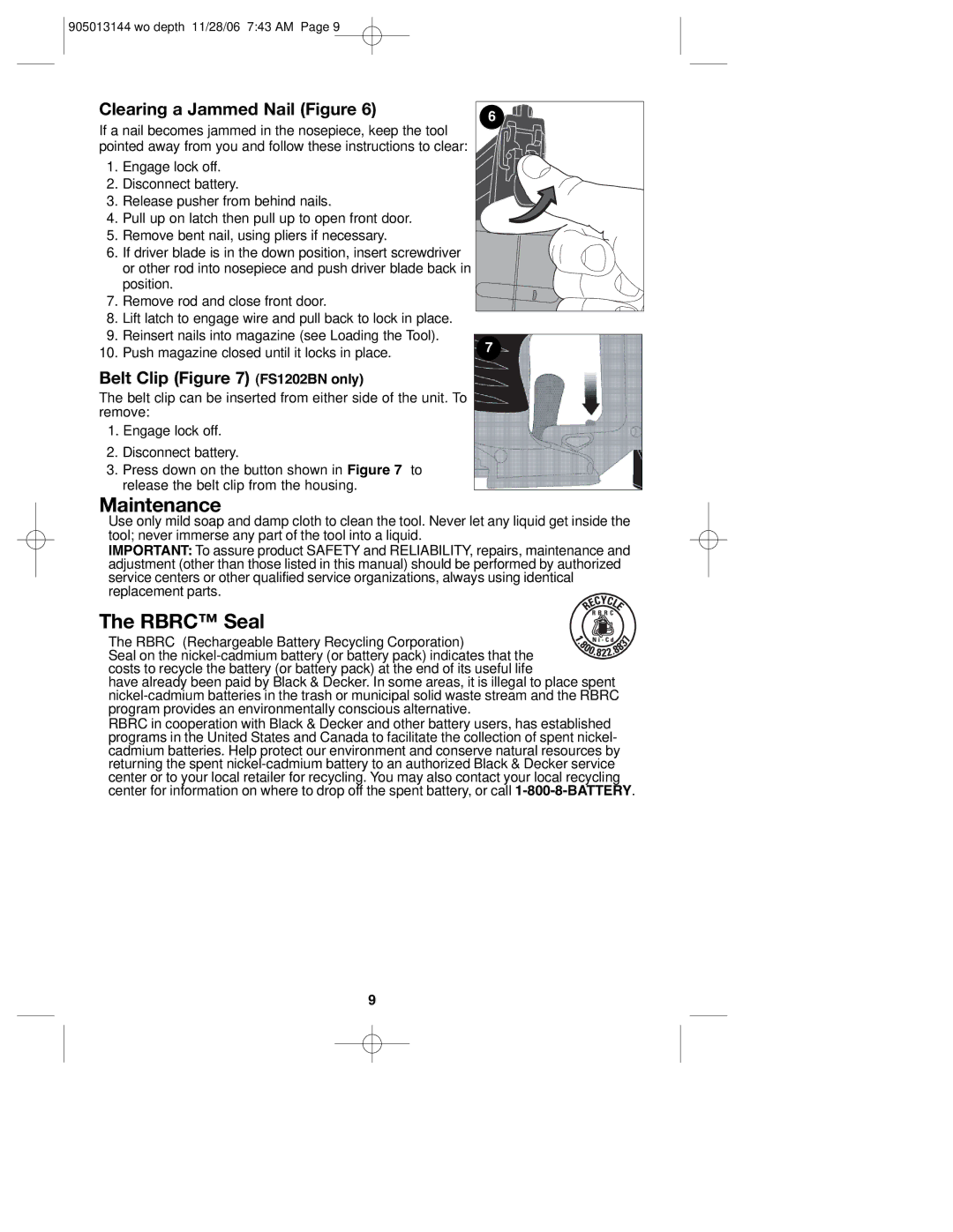 Black & Decker FS1802BN Maintenance, Rbrc Seal, Clearing a Jammed Nail Figure, Belt Clip FS1202BN only 