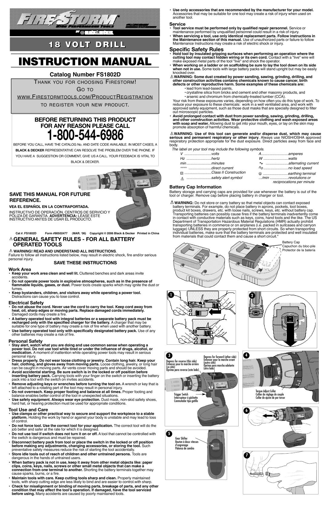 Black & Decker 90502477 instruction manual General Safety Rules for ALL Battery Operated Tools, Specific Safety Rules 