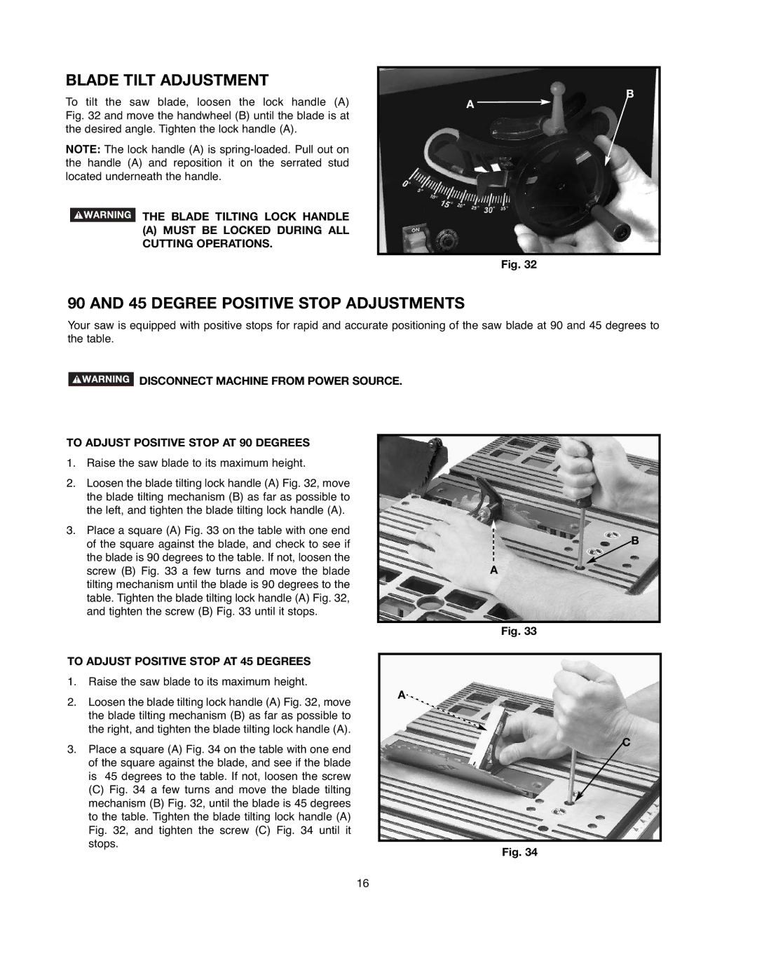 Black & Decker FS200SD Blade Tilt Adjustment, Degree Positive Stop Adjustments, To Adjust Positive Stop AT 45 Degrees 