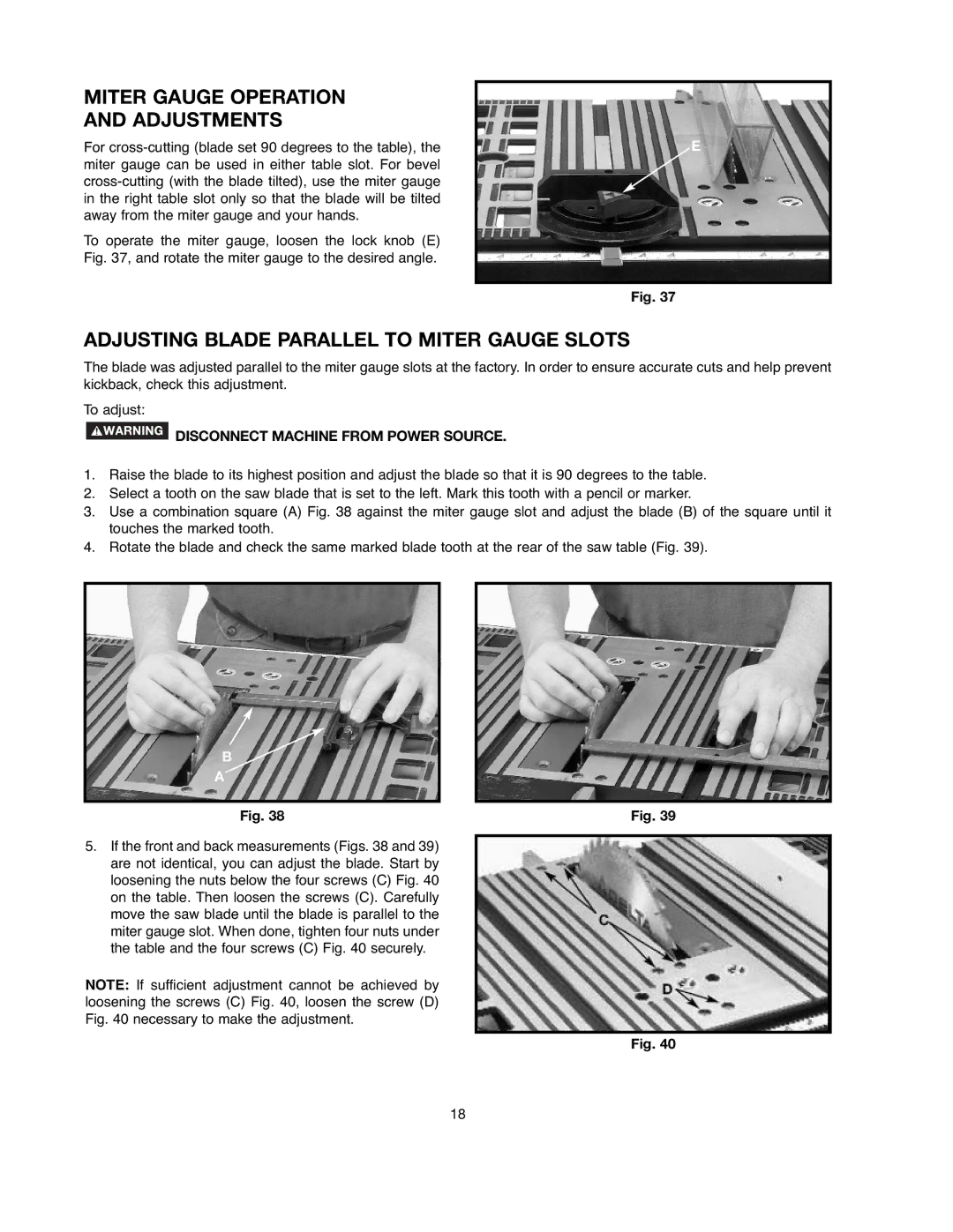 Black & Decker FS200SD instruction manual Miter Gauge Operation Adjustments, Adjusting Blade Parallel to Miter Gauge Slots 