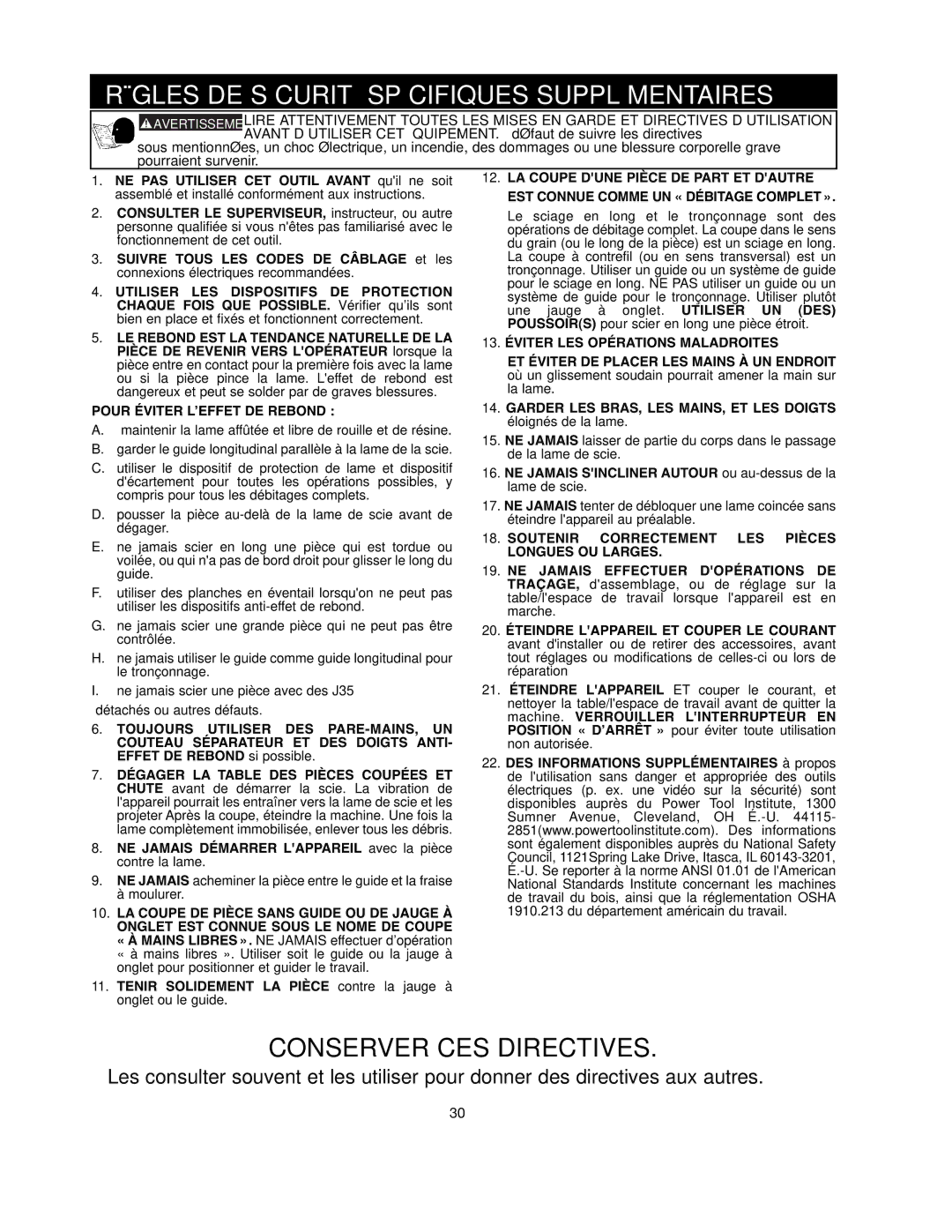 Black & Decker FS200SD instruction manual Règles DE Sécurité Spécifiques Supplémentaires, Pour Éviter L’EFFET DE Rebond 