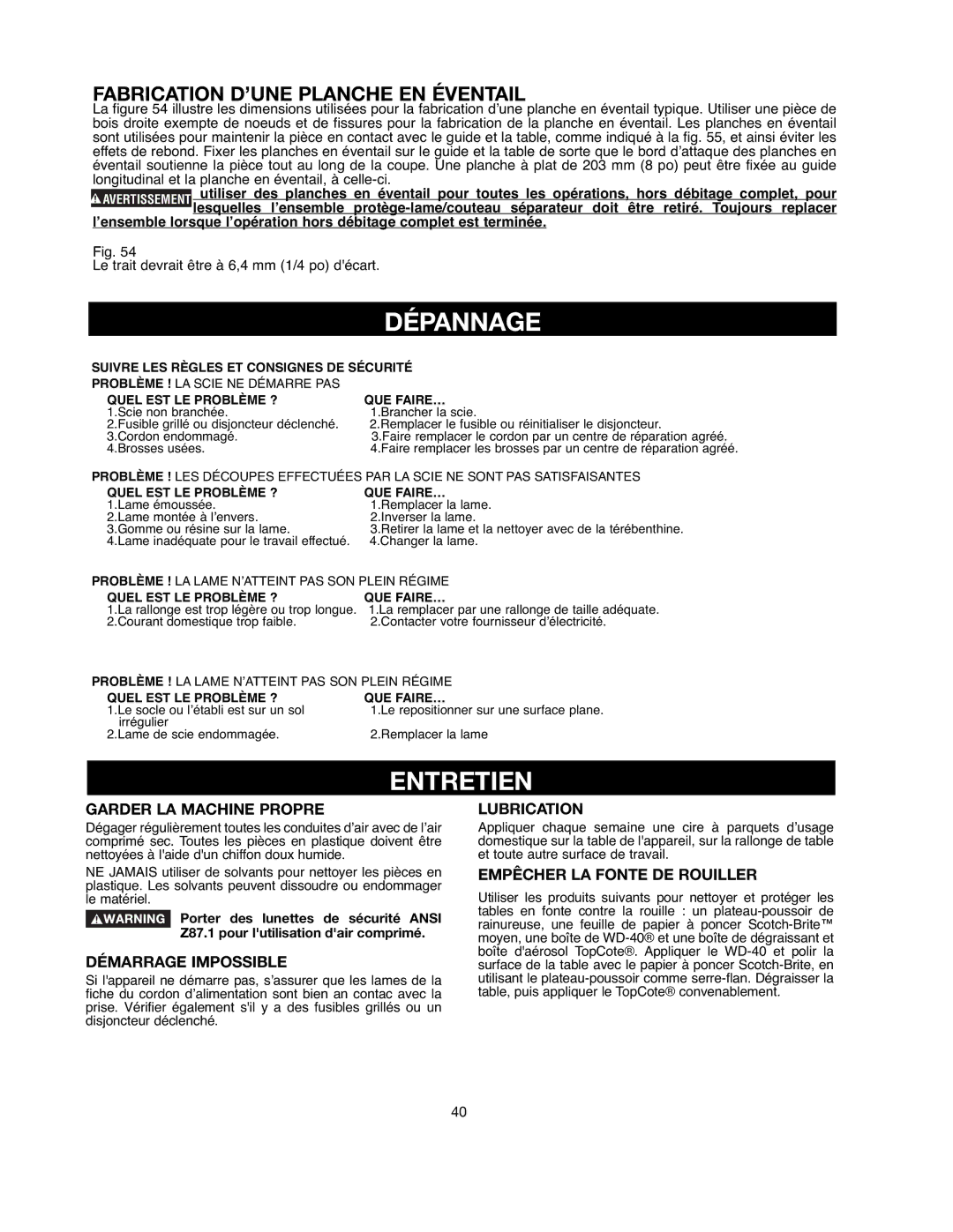 Black & Decker FS200SD instruction manual Dépannage, Entretien, Fabrication D’UNE Planche EN Éventail 