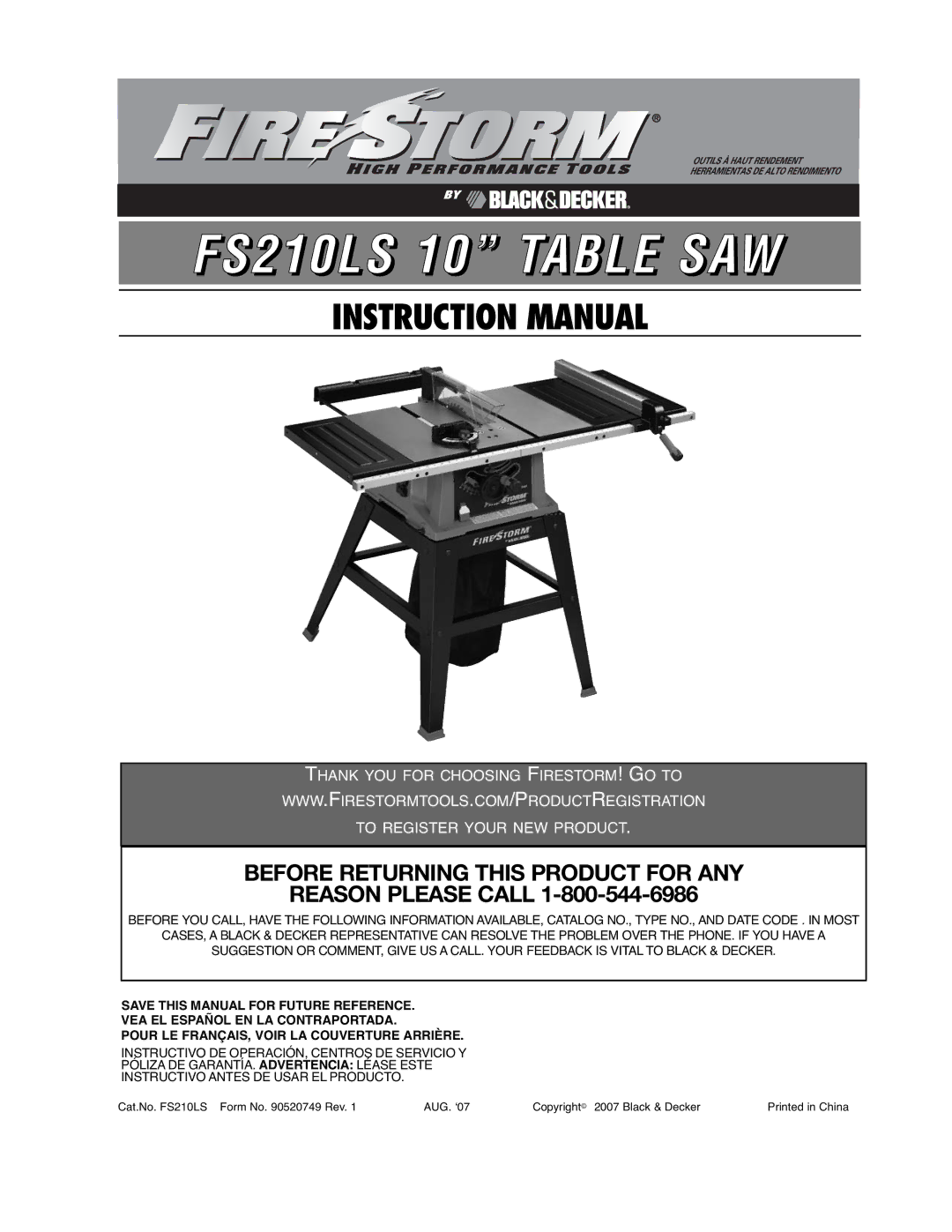 Black & Decker instruction manual FS210LS 10 Table SAW 