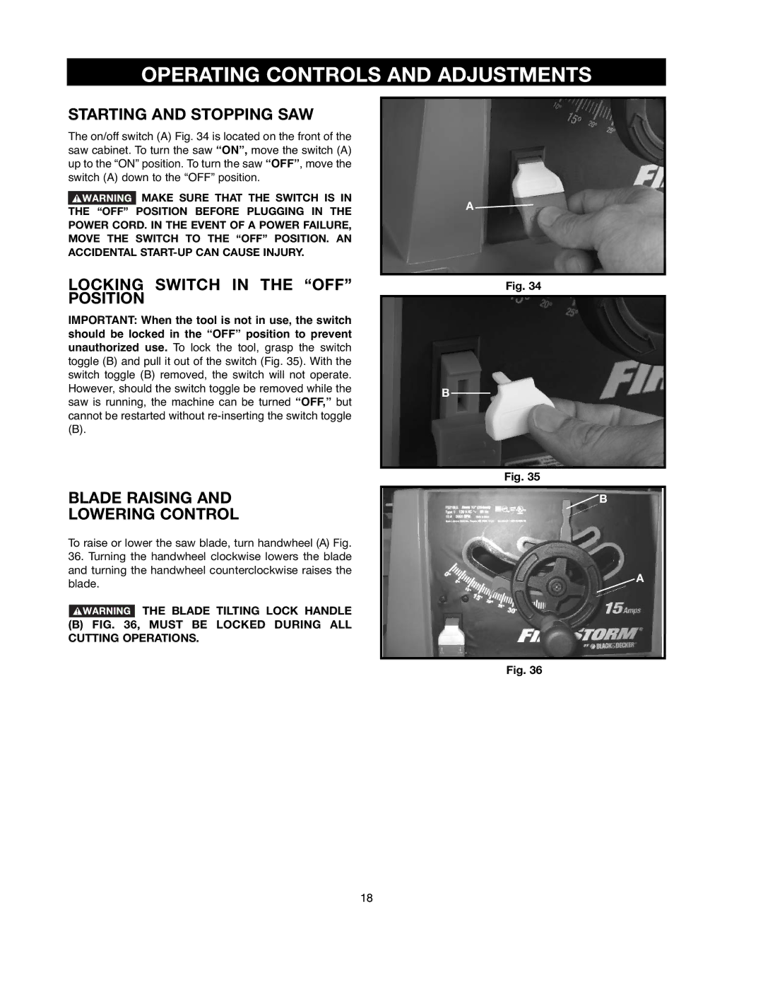 Black & Decker FS210LS Operating Controls and Adjustments, Starting and Stopping SAW, Locking Switch in the OFF Position 