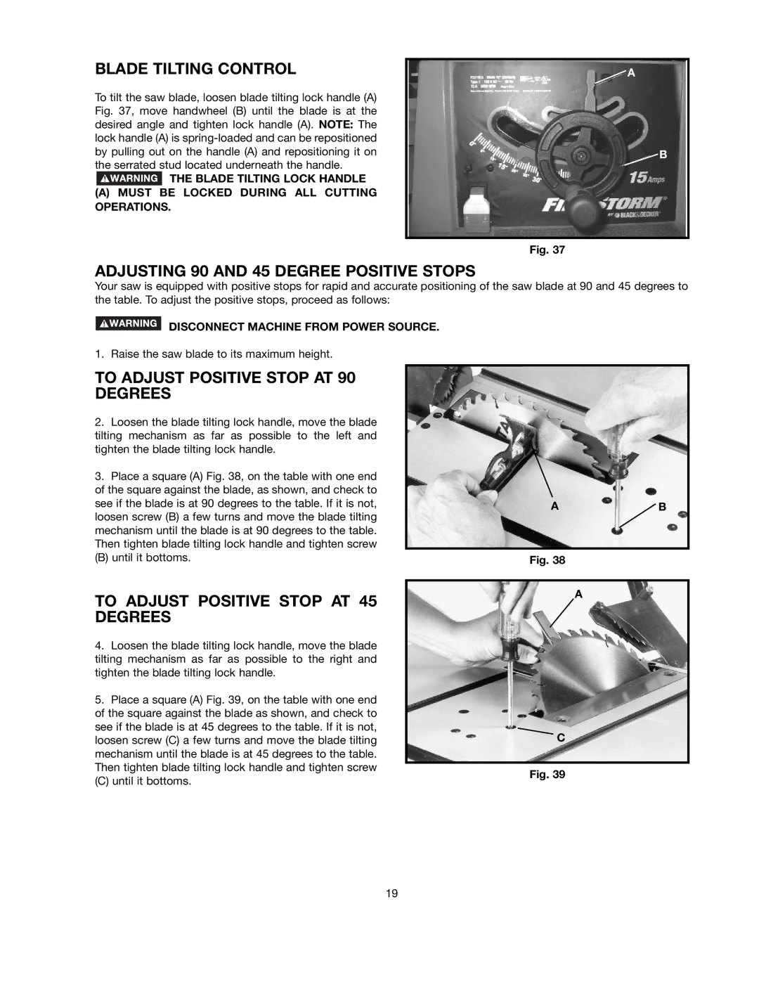 Black & Decker FS210LS instruction manual Blade Tilting Control, Adjusting 90 and 45 Degree Positive Stops 