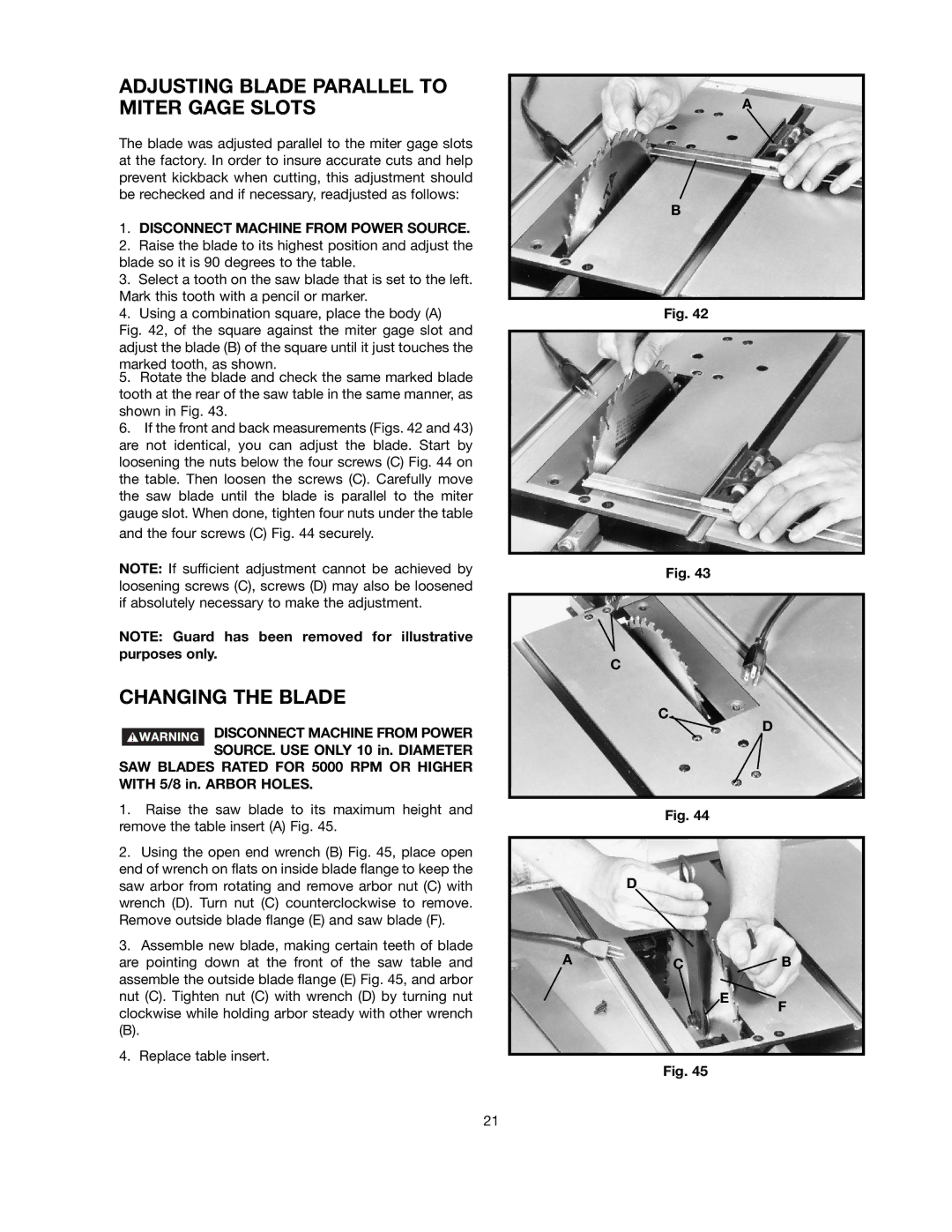 Black & Decker FS210LS instruction manual Adjusting Blade Parallel to Miter Gage Slots, Changing the Blade 