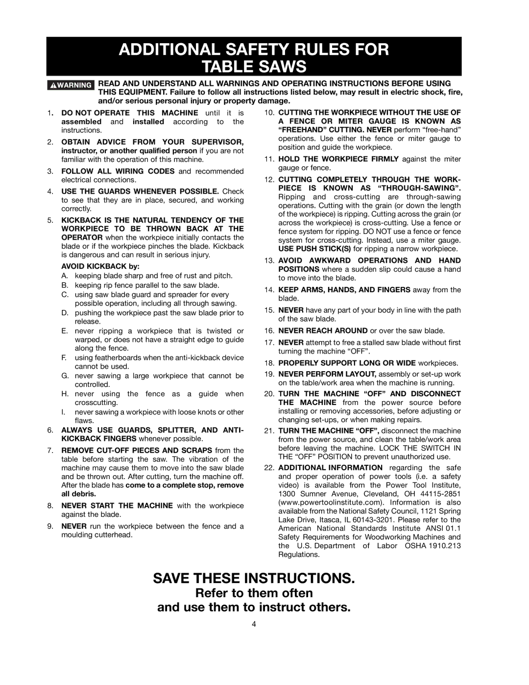 Black & Decker FS210LS instruction manual Additional Safety Rules for Table Saws 