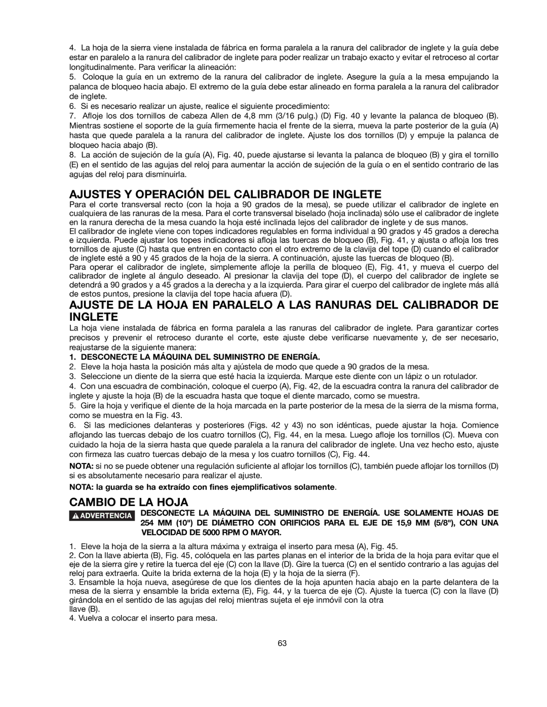 Black & Decker FS210LS instruction manual Ajustes Y Operación DEL Calibrador DE Inglete, Cambio DE LA Hoja 