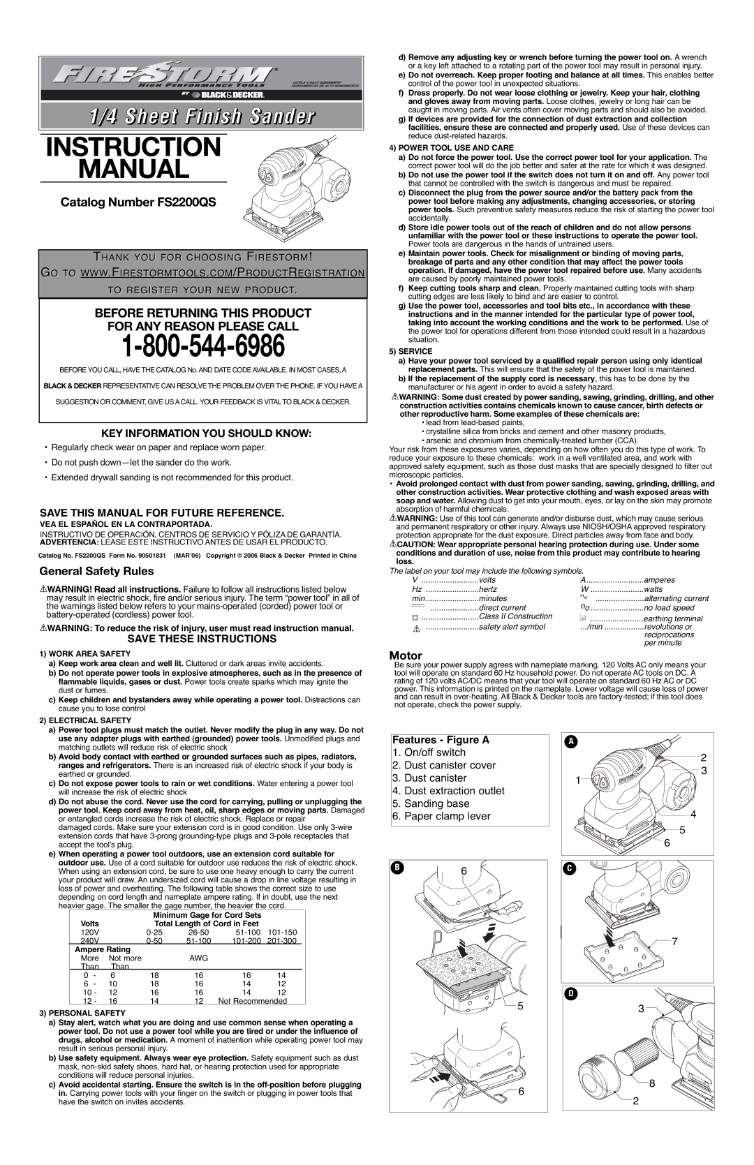 Black & Decker 90501831, FS2200QS instruction manual General Safety Rules, Motor, KEY Information YOU should Know 