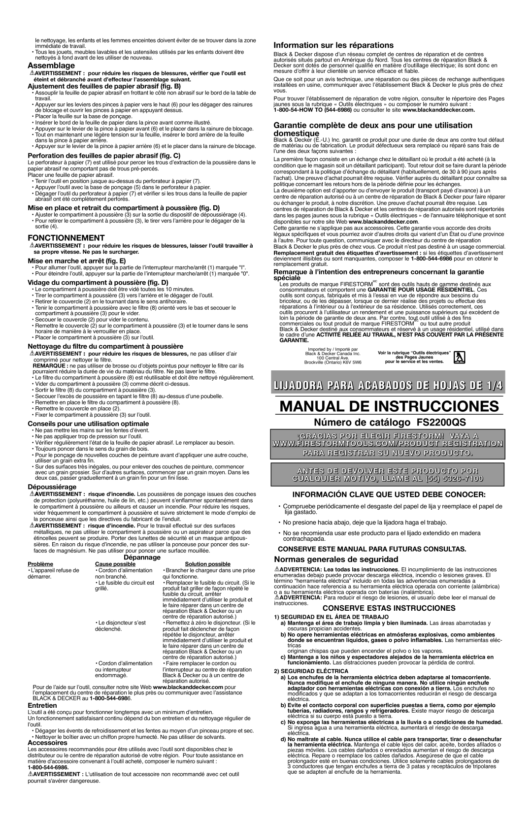 Black & Decker 90501831 instruction manual Manual DE Instrucciones, Número de catálogo FS2200QS, Fonctionnement 