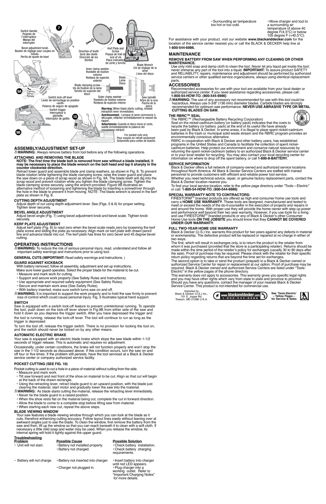 Black & Decker 609747-26, FS2400CS Assembly/Adjustment Set-Up, Operating Instructions, Maintenance, Accessories 