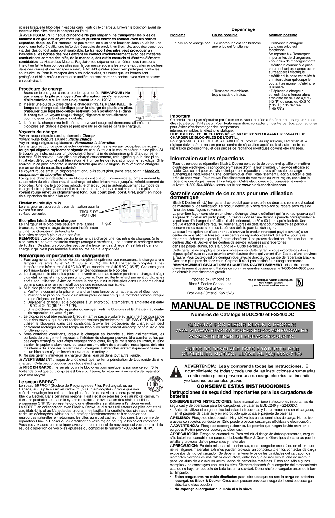 Black & Decker 5147851-00 Remarques importantes de chargement, Números de Catálogo BDDC240 et FS2400DC 