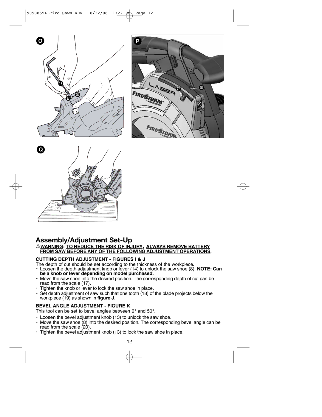 Black & Decker FS1806CSL, FS2406CS, FS1807CS Cutting Depth Adjustment Figures I & J, Bevel Angle Adjustment Figure K 