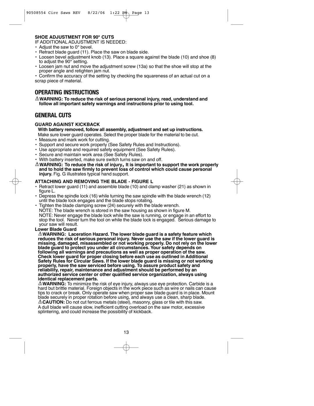 Black & Decker FS1806CS, FS2406CS Operating Instructions General Cuts, Shoe Adjustment for 90 Cuts, Lower Blade Guard 