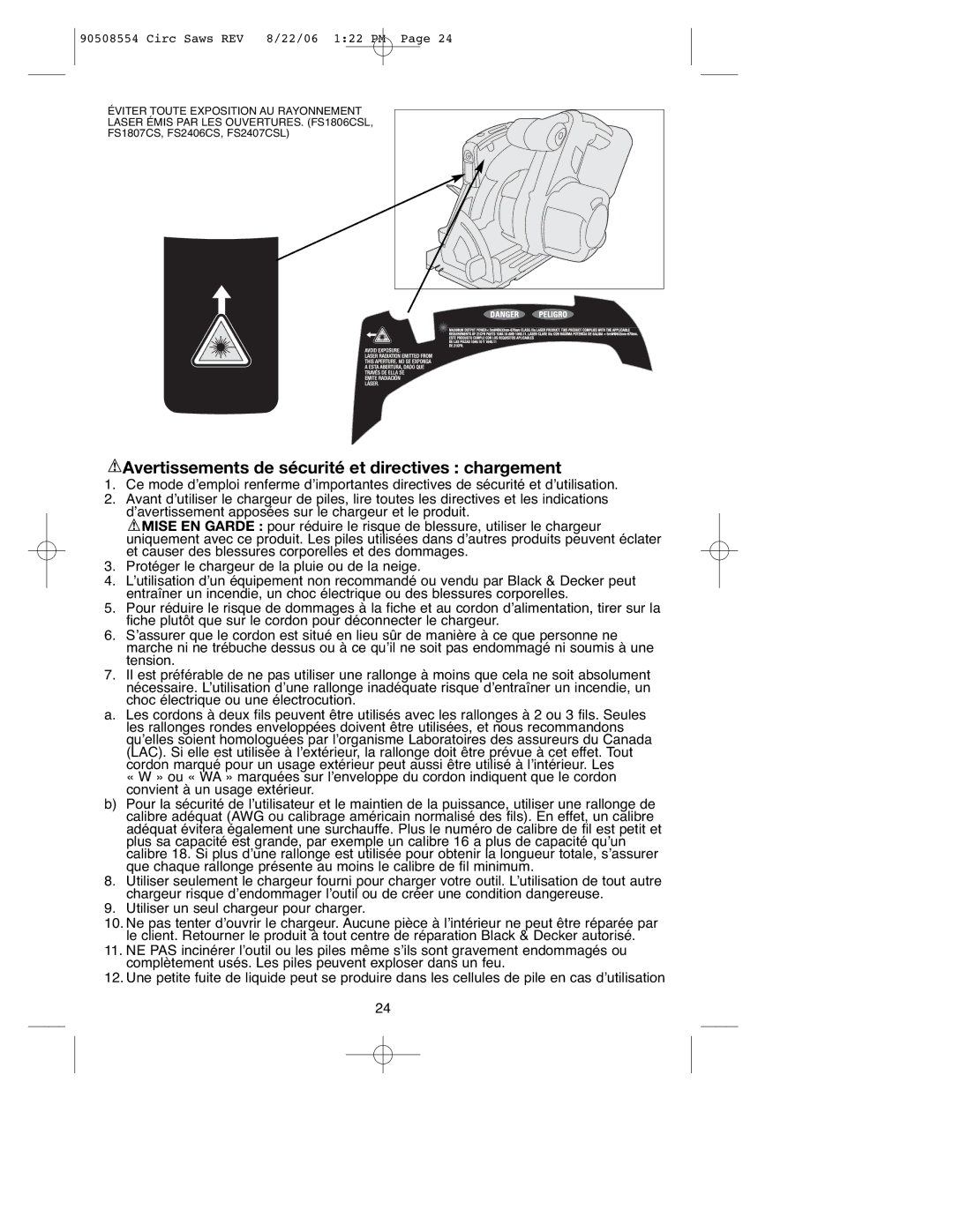 Black & Decker FS2407CSL, FS2406CS, FS1807CS, FS1806CSL instruction manual Avertissements de sécurité et directives chargement 