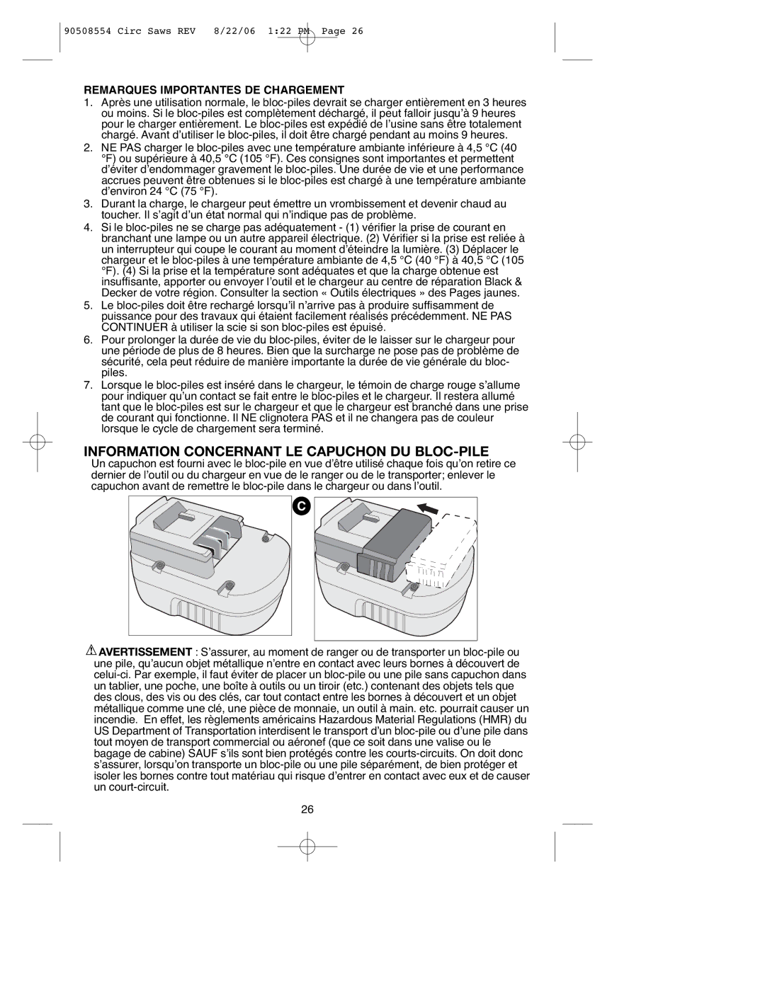 Black & Decker FS1807CS, FS2406CS Information Concernant LE Capuchon DU BLOC-PILE, Remarques Importantes DE Chargement 