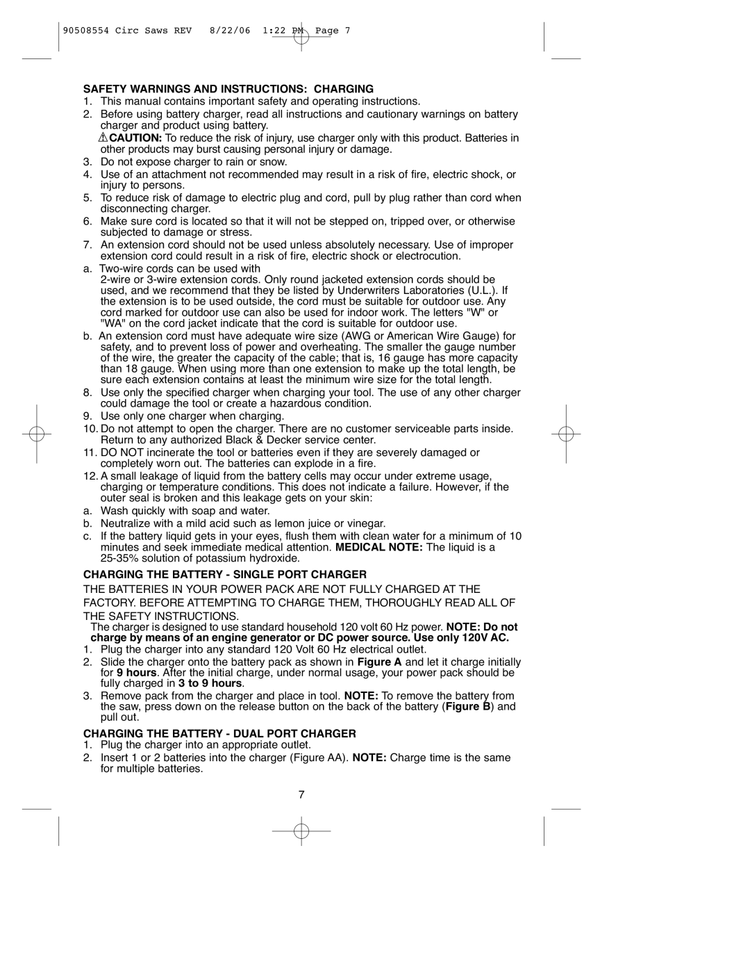 Black & Decker FS1806CSL, FS2406CS Safety Warnings and Instructions Charging, Charging the Battery Single Port Charger 