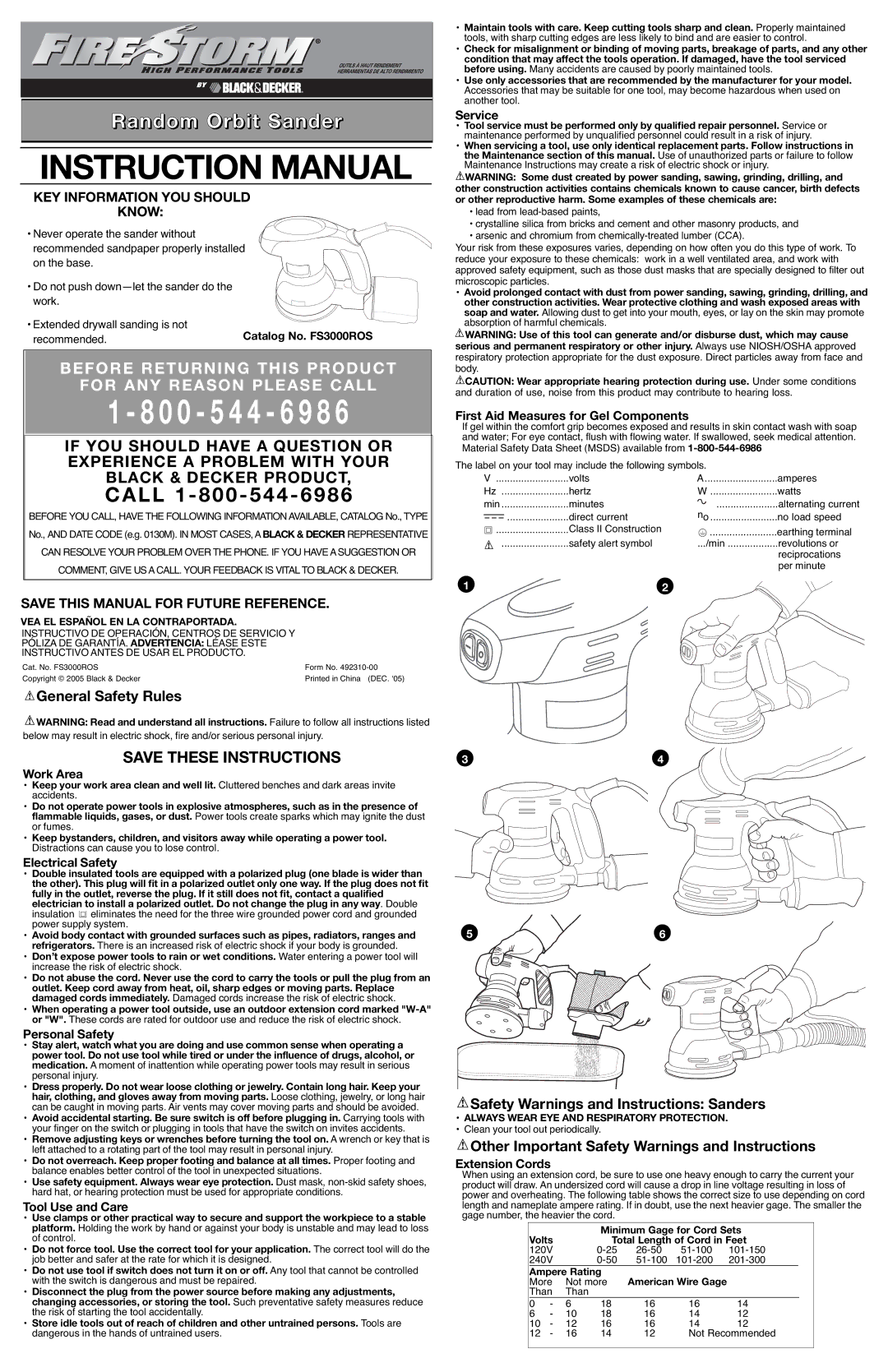 Black & Decker 492310-00 instruction manual Work Area, Electrical Safety, Personal Safety, Tool Use and Care, Service 