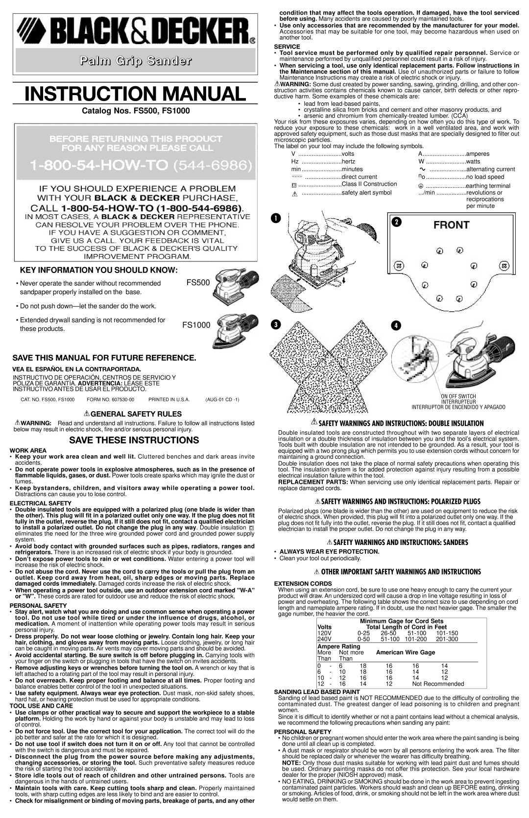 Black & Decker FS1000, FS500 instruction manual Safety Warnings and Instructions Double Insulation 