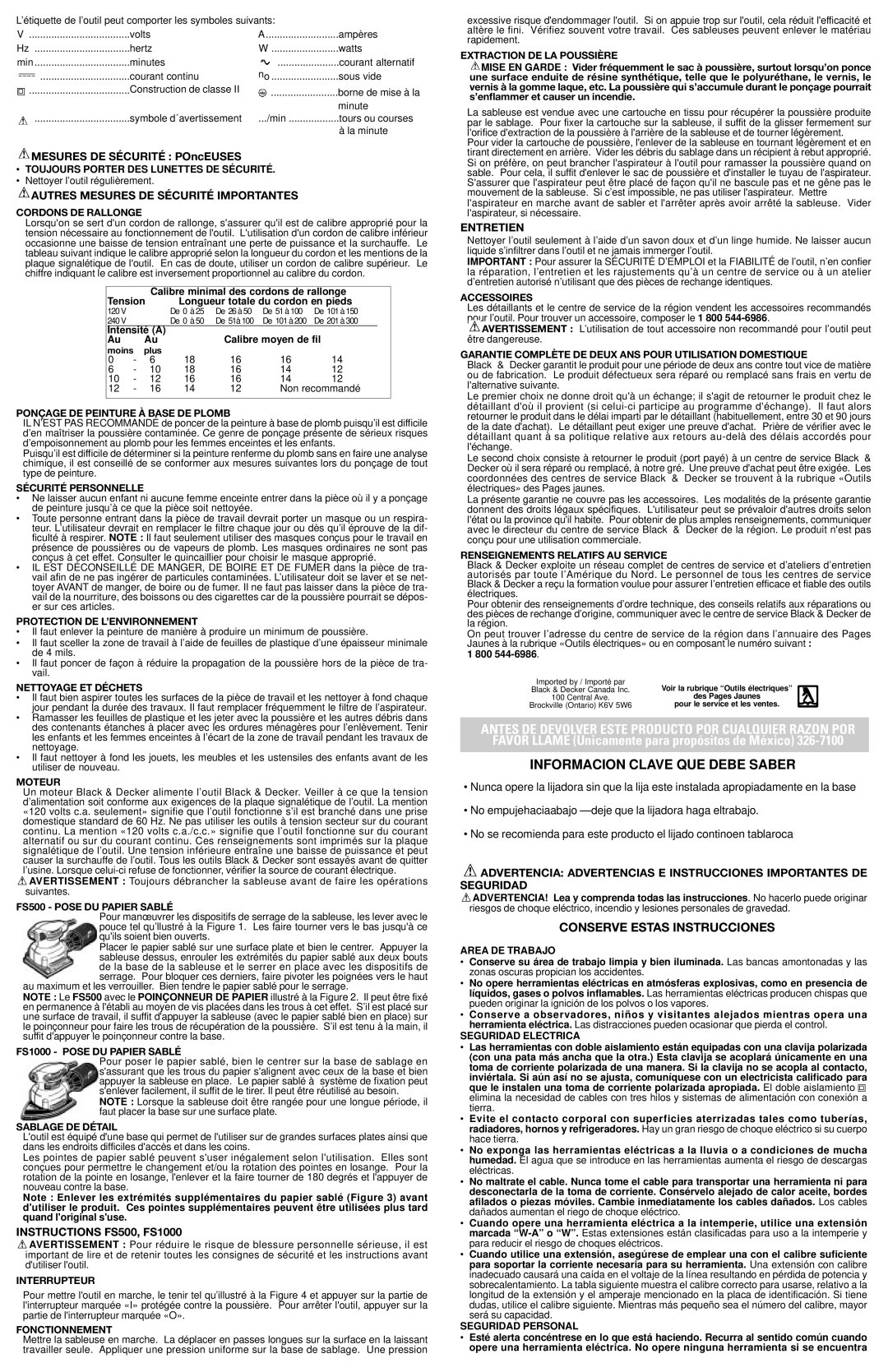 Black & Decker instruction manual Autres Mesures DE Sécurité Importantes, Instructions FS500, FS1000, Entretien 