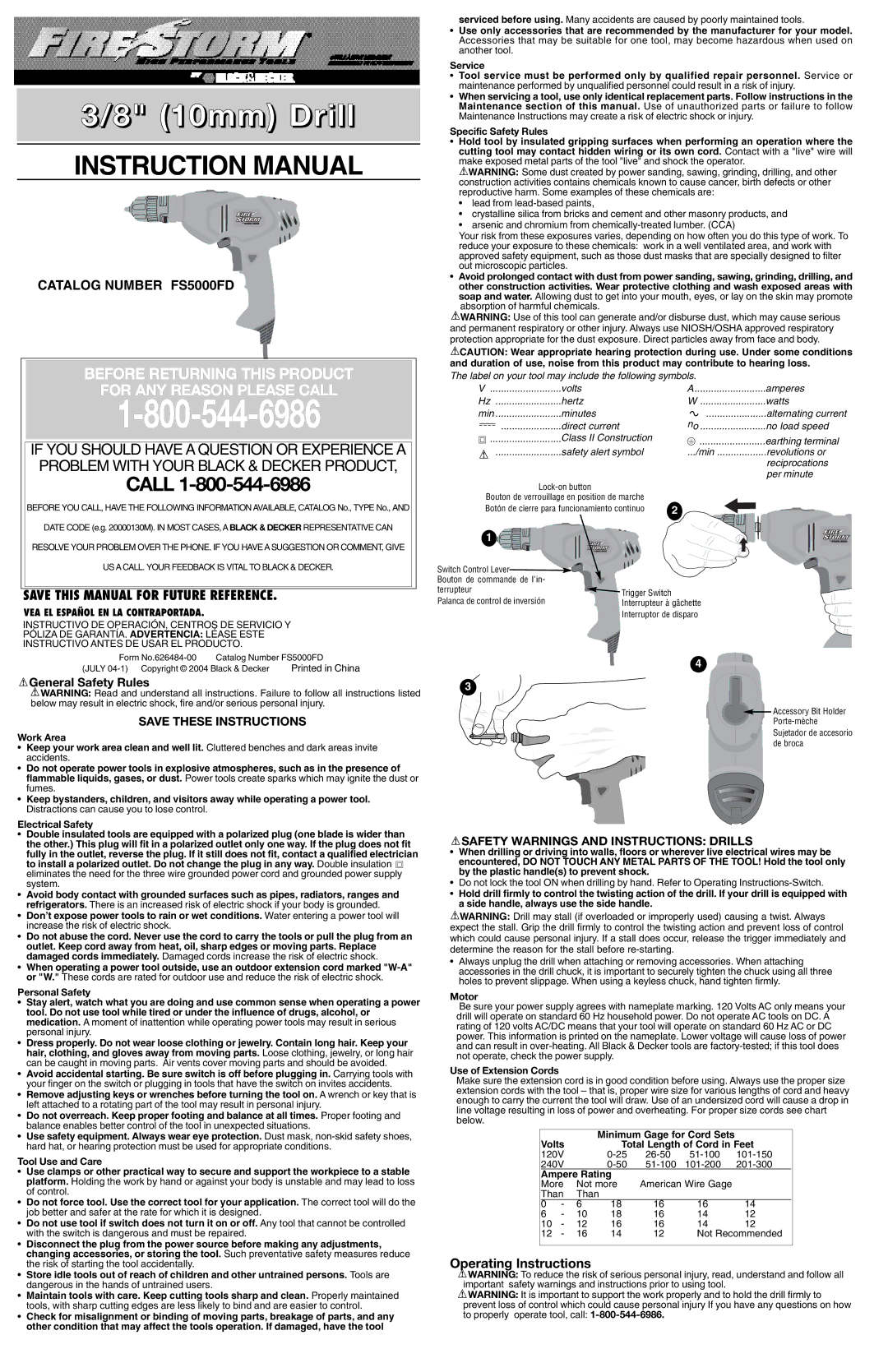 Black & Decker 626484-00 instruction manual Safety Warnings and Instructions Drills, VEA EL Español EN LA Contraportada 