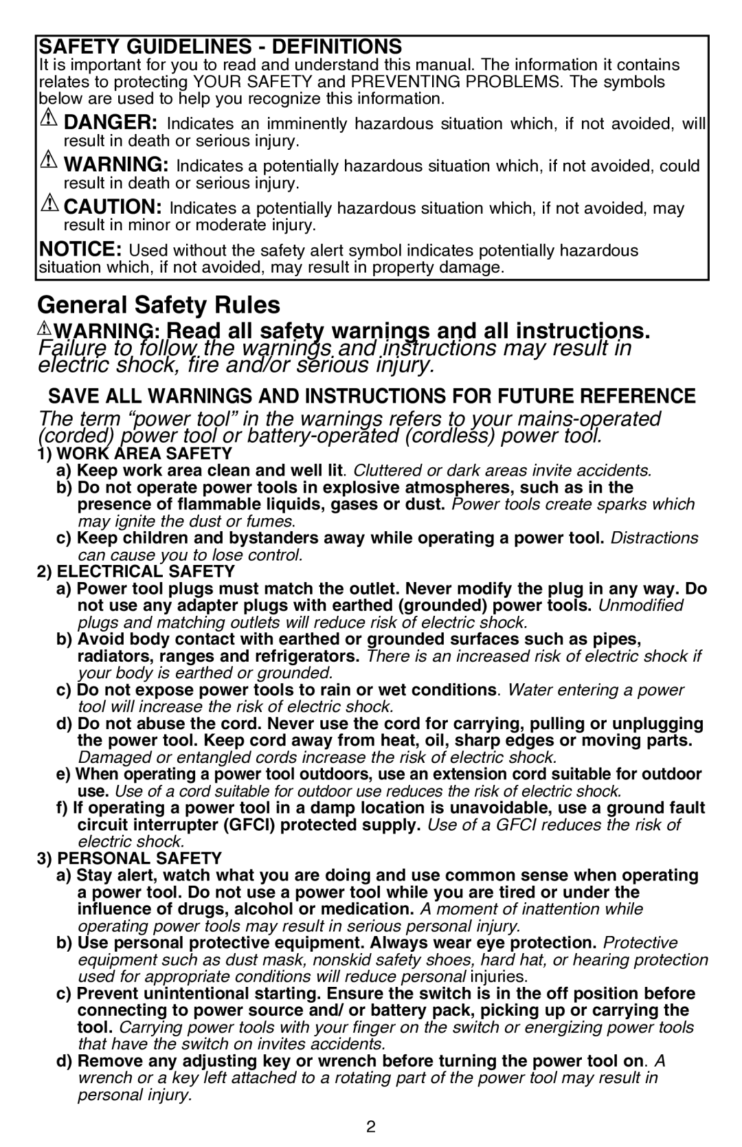 Black & Decker FS540 instruction manual General Safety Rules, Safety Guidelines Definitions 