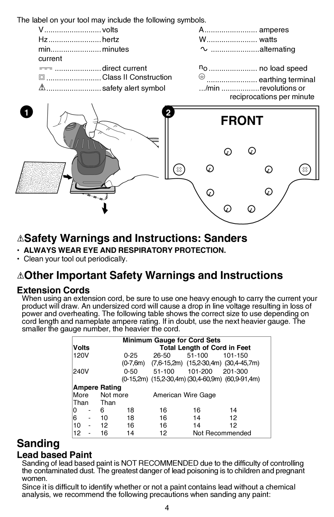 Black & Decker FS540 Safety Warnings and Instructions Sanders, Other Important Safety Warnings and Instructions, Sanding 