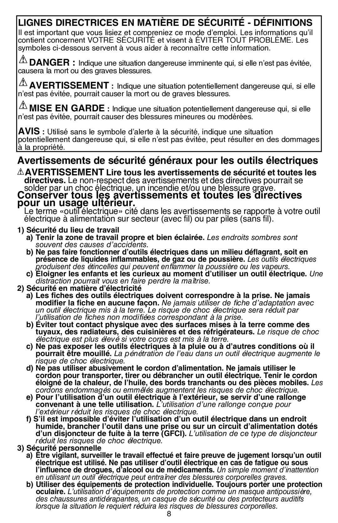 Black & Decker FS540 instruction manual Lignes directrices en matière de sécurité définitions 