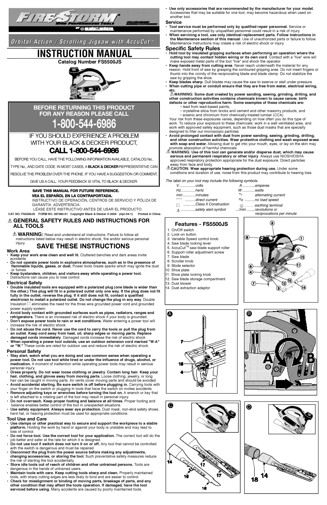 Black & Decker 587384-01 instruction manual Specific Safety Rules, Features FS5500JS 