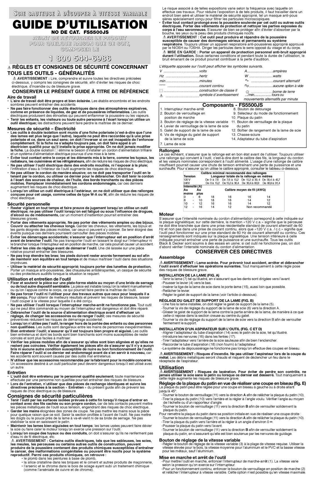 Black & Decker 587384-01 instruction manual Consignes de sécurité particulière s, Composants FS5500JS, Utilisation 