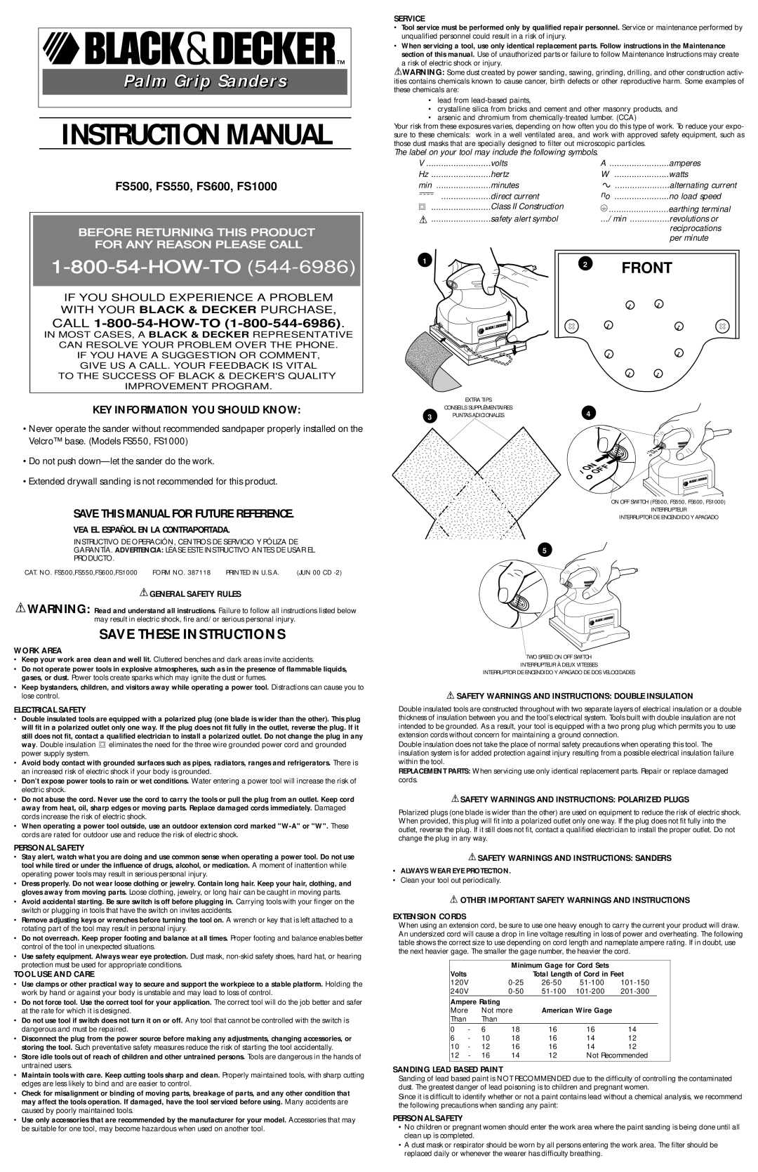 Black & Decker FS550, FS600, 387118 instruction manual General Safety Rules, Safety Warnings and Instructions Sanders 