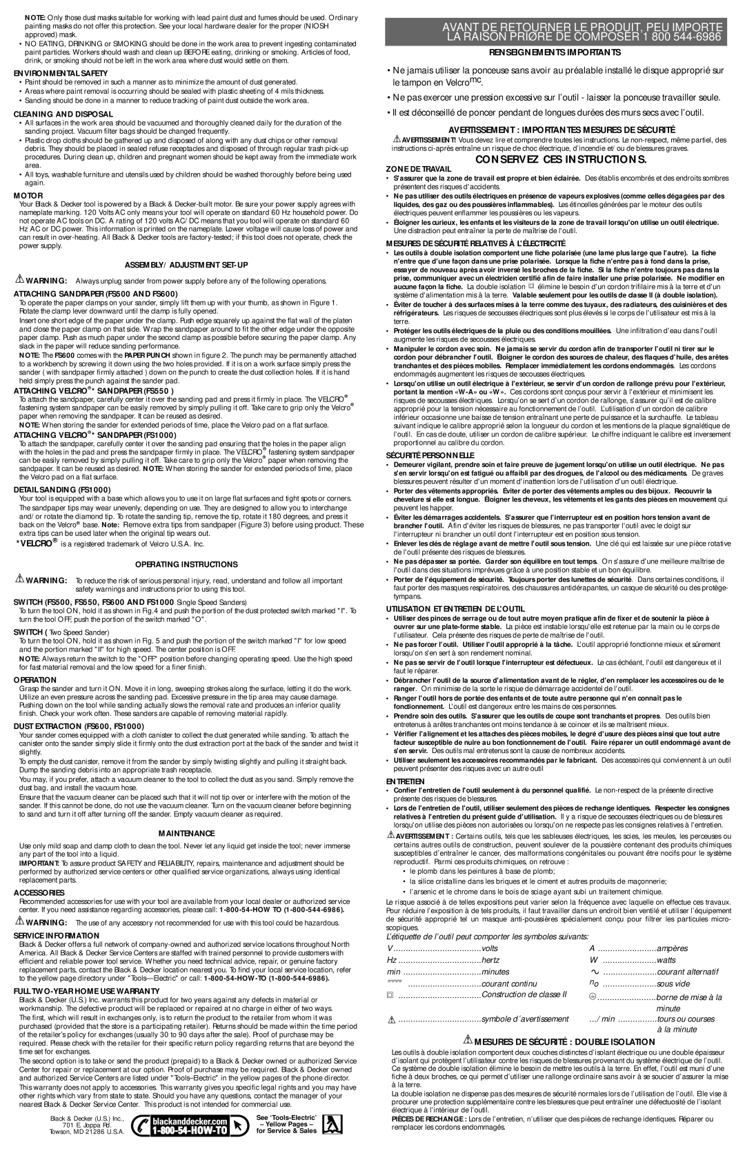 Black & Decker 387118, FS600 Assembly/Adjustment Set-Up, Operating Instructions, Maintenance, Conservez CES Instructions 