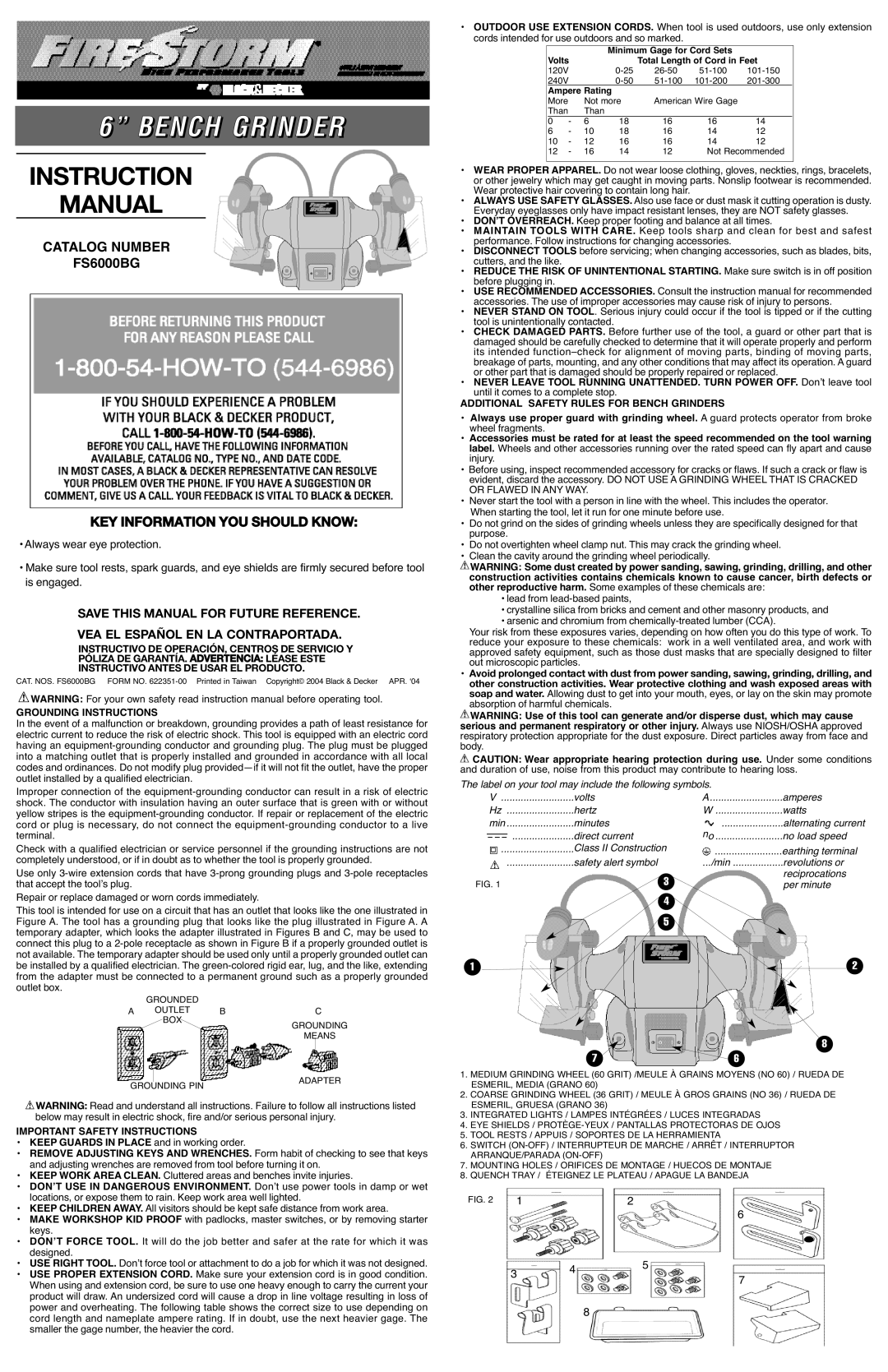 Black & Decker 622351-00 instruction manual Additional Safety Rules for Bench Grinders, Important Safety Instructions 