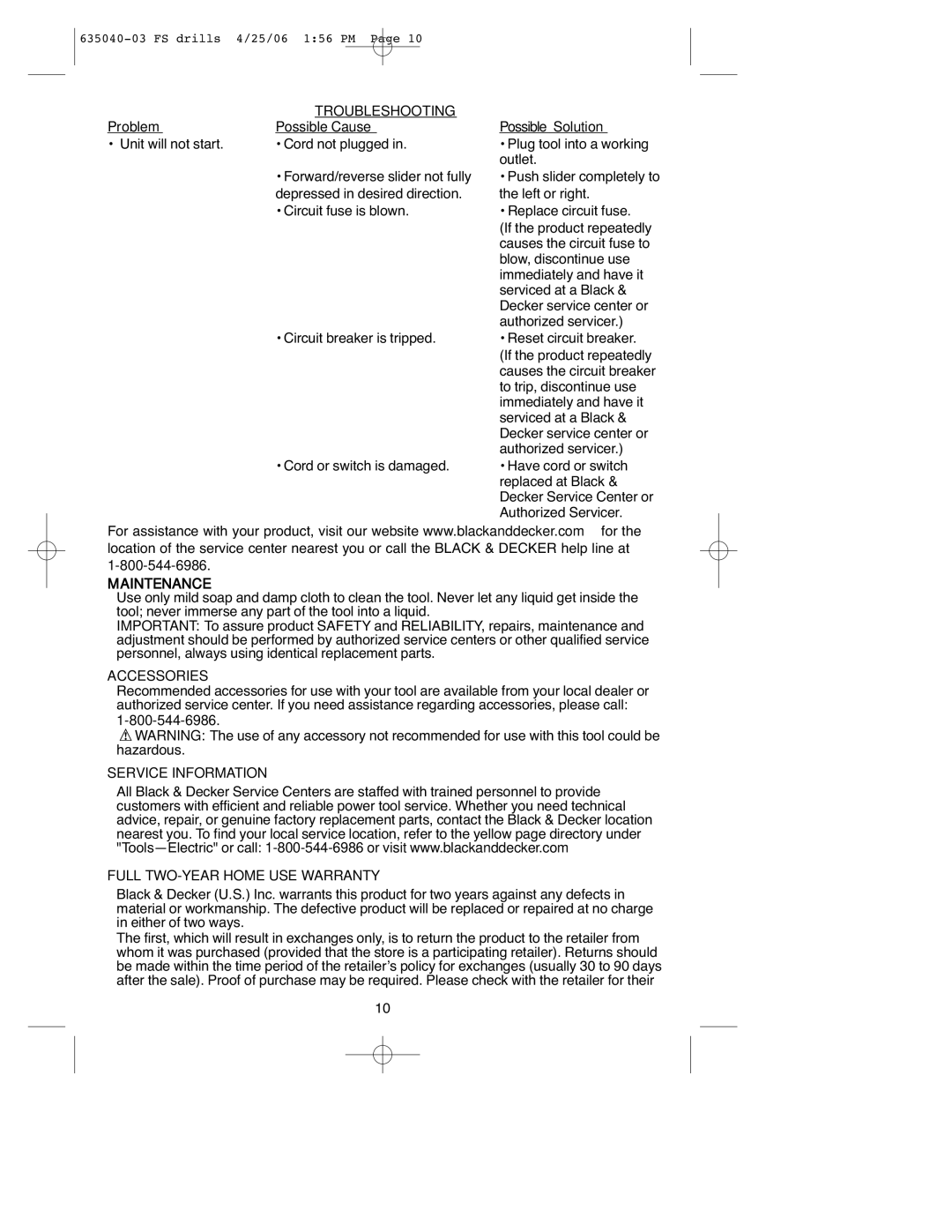 Black & Decker FS8000HD, FS6000FD, FS7000D, FS6500HD Troubleshooting, Problem Possible Cause Possible Solution, Maintenance 