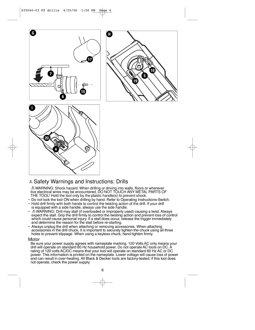 Black & Decker FS8000HD, FS6000FD, FS7000D, FS6500HD instruction manual Safety Warnings and Instructions Drills, Motor 