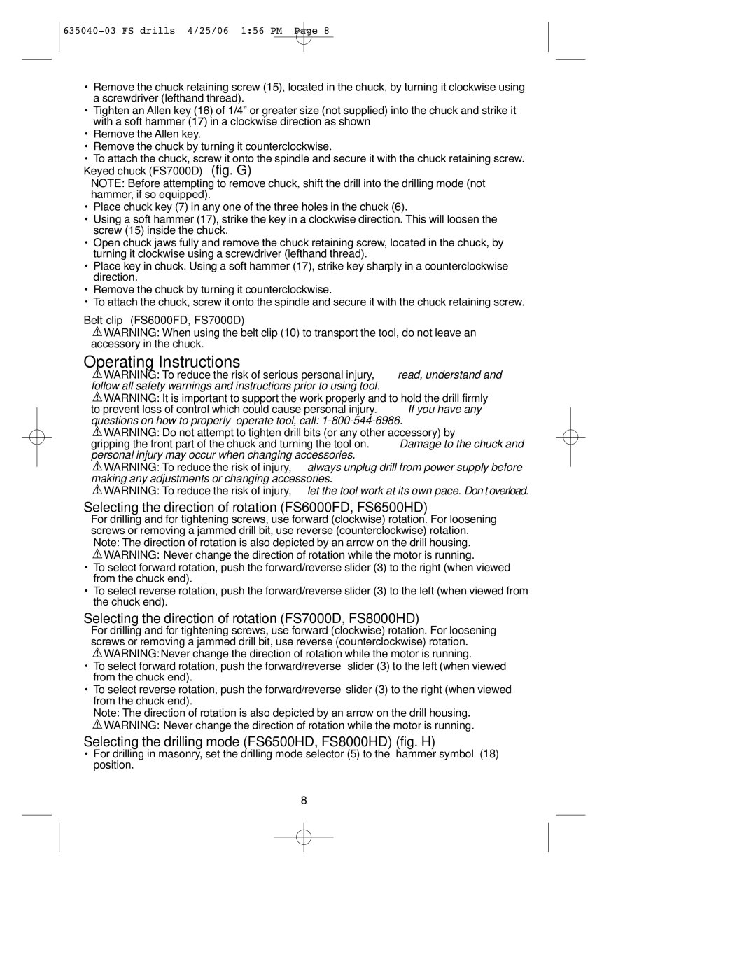 Black & Decker FS7000D, FS8000HD Operating Instructions, Selecting the direction of rotation FS6000FD, FS6500HD 