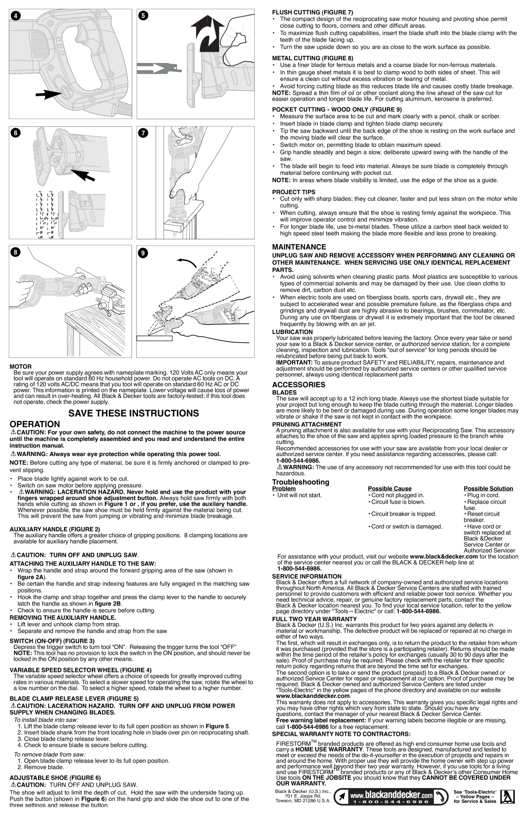 Black & Decker FS9500RS, 638034-00 instruction manual Operation, Maintenance, Accessories, Troubleshooting 